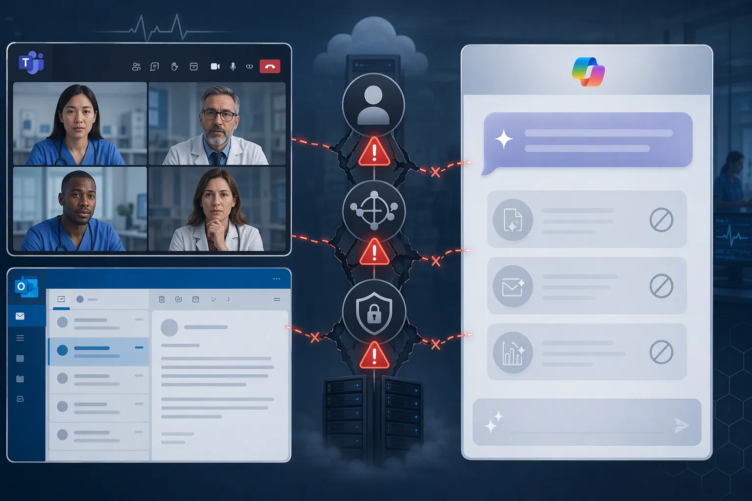 Microsoft Teams, Outlook, and Copilot interfaces connected to disrupted shared infrastructure
