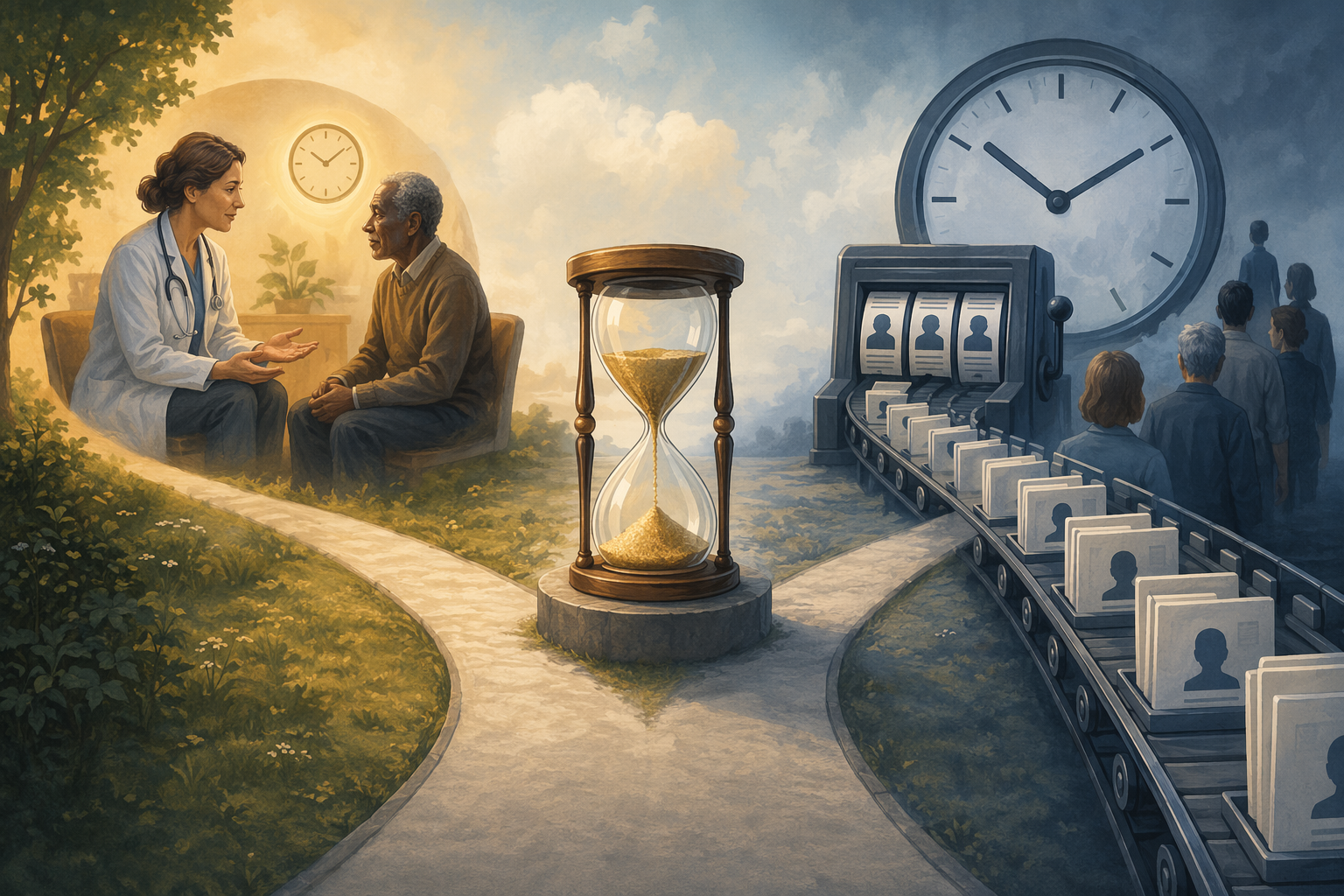 Fork in the road showing extra time for physician-patient conversation on one path and more chart throughput on the other