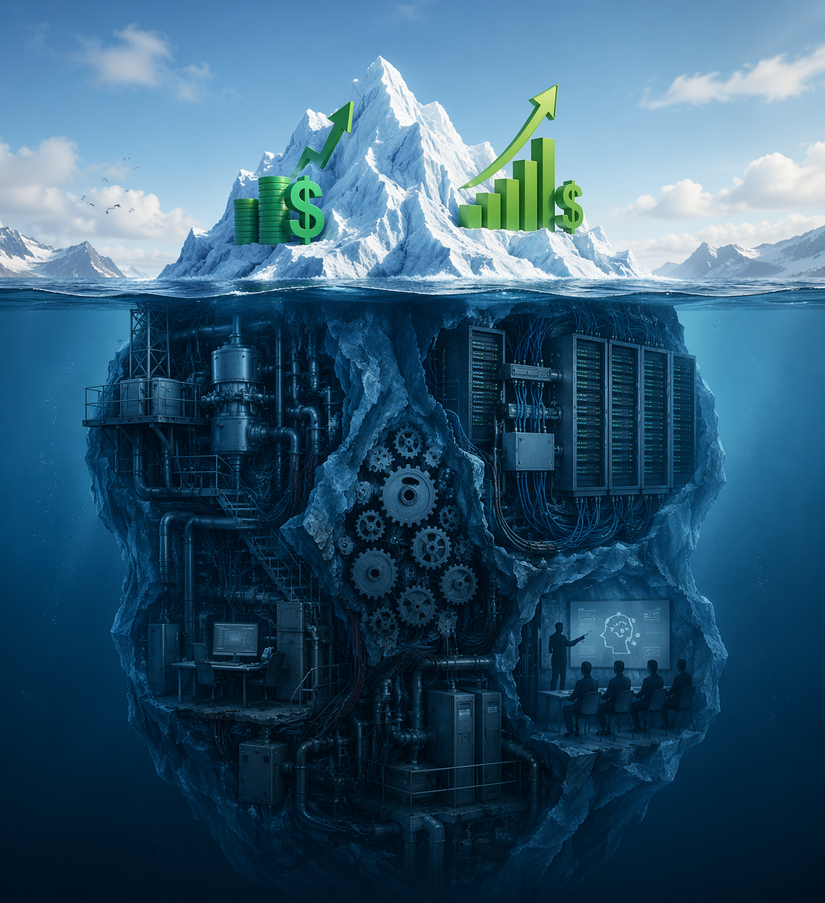 Iceberg showing reported AI savings above the water and hidden implementation costs below