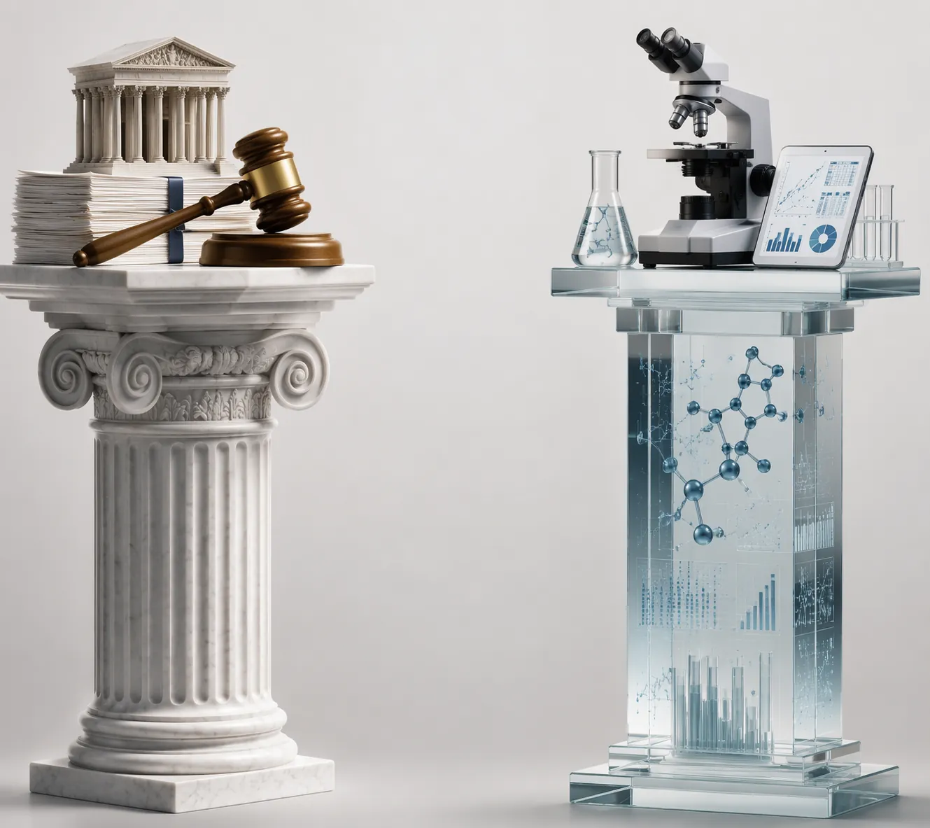 Two separate pillars representing regulatory procedure and clinical evidence with a visible gap between them