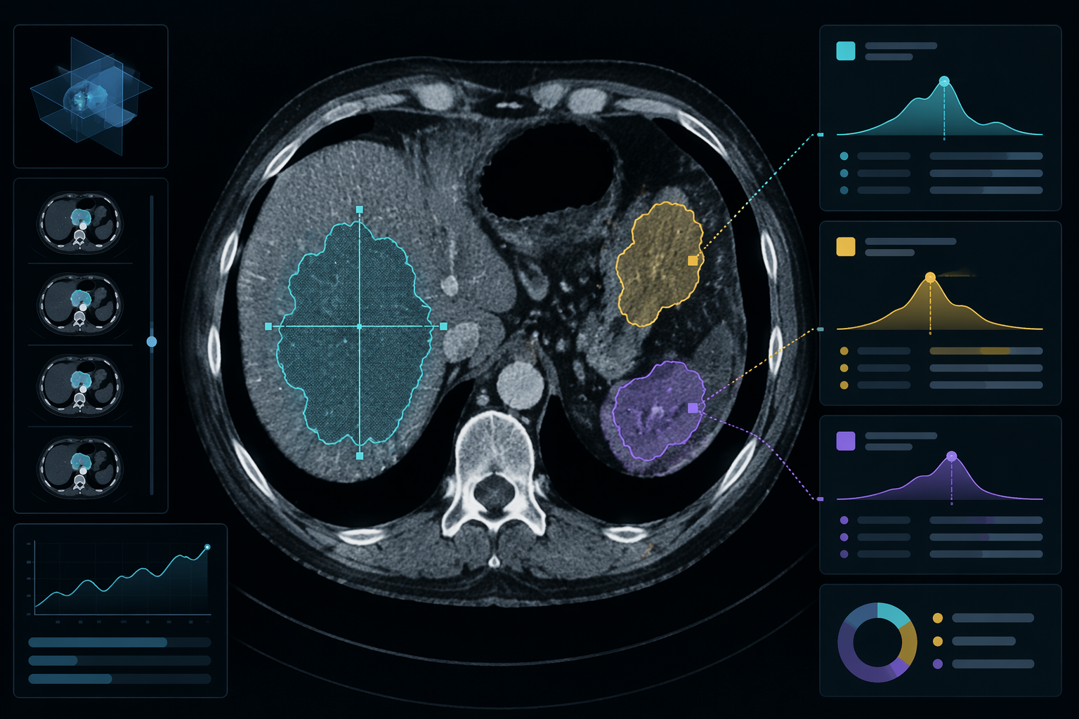 AI-assisted medical image analysis with measurement lines, segmented regions, and data readouts on a grayscale scan
