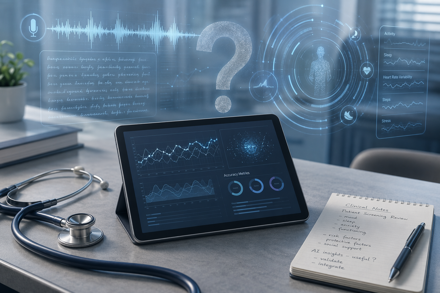 Clinician desk with abstract AI accuracy visualizations, voice waveforms, text fragments, wearable sensor rings, and a question mark above a tablet
