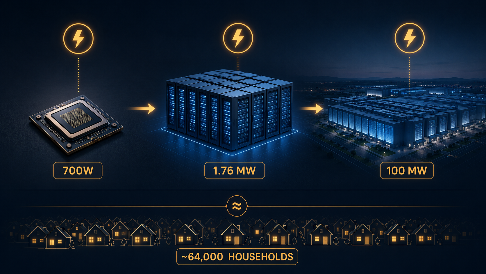Visualization of AI power scale from a 700W GPU to a 1.76 MW cluster and a 100 MW data center