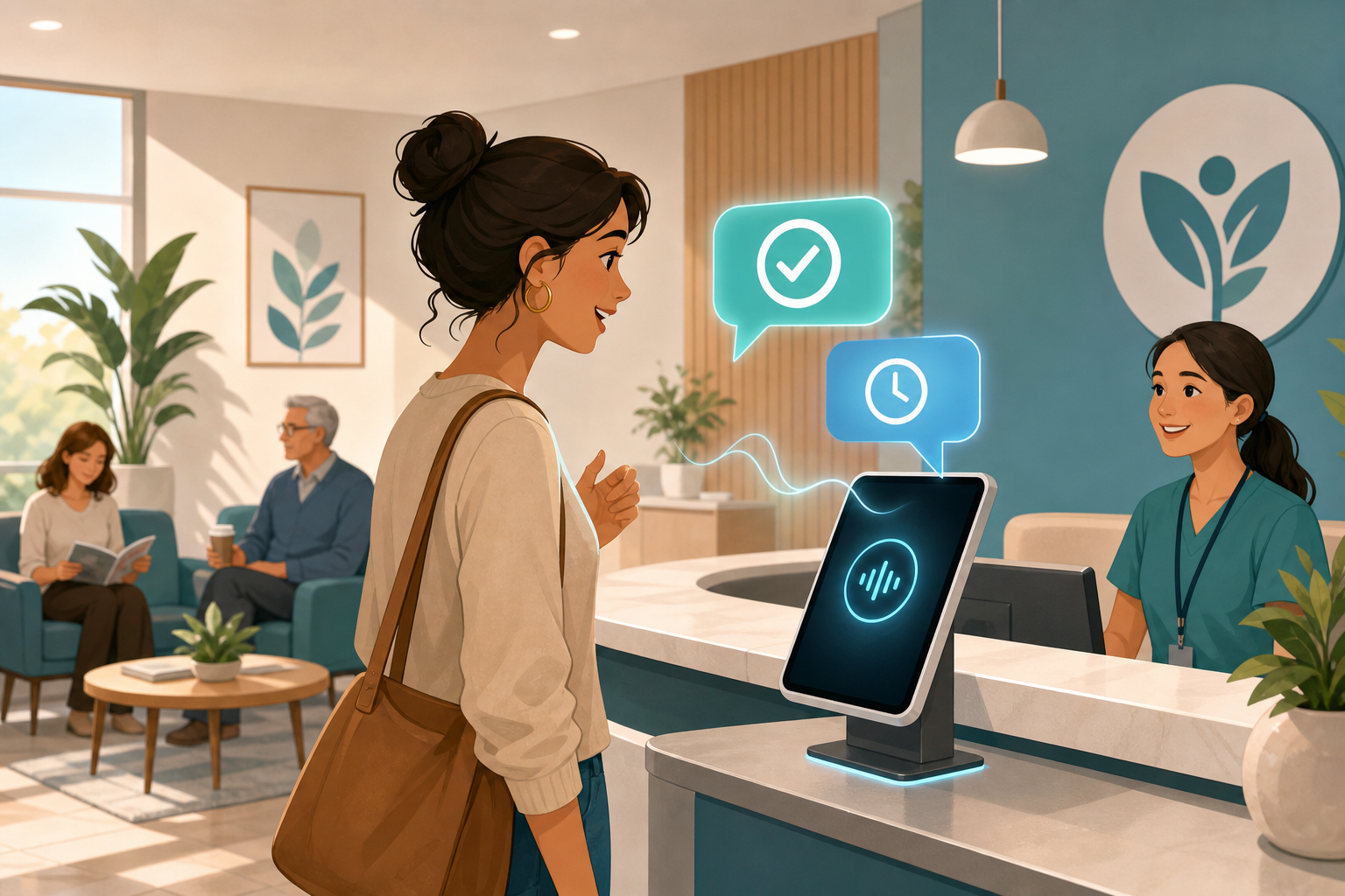 A patient at a healthcare reception area interacting with a tablet interface showing soft glowing speech bubbles with a check-in symbol and clock icon. Other patients sit comfortably in the background, suggesting reduced wait times.