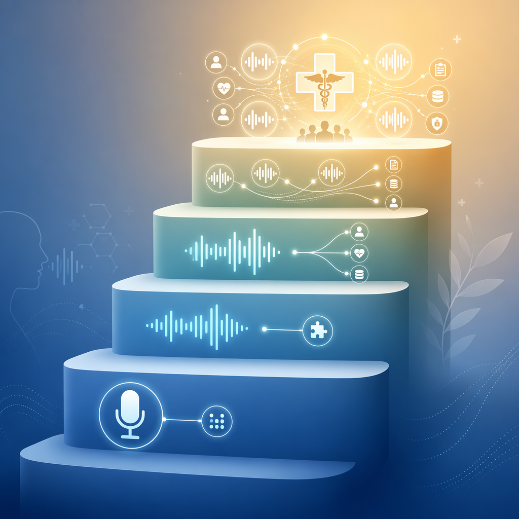 A five-step ascending ladder illustration in gradient blue-to-gold colors, showing progressive levels of conversational AI implementation maturity in healthcare — from a single microphone and node at the bottom to fully connected waveforms and a medical cross symbol at the top, with each step adding more integration and data flow complexity.