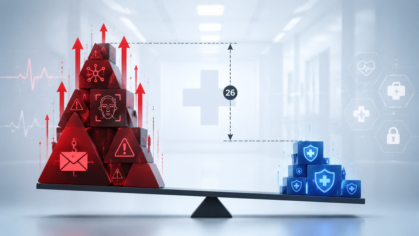 Conceptual split image showing AI-amplified healthcare cybersecurity threats rising above AI defense tools