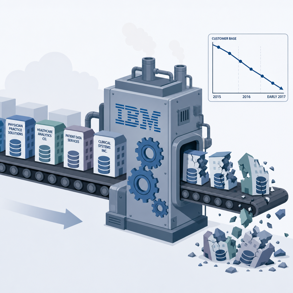 A conveyor belt pipeline editorial illustration showing small company icons with medical database symbols entering from the left into a large blue industrial machine with gears and IBM branding, then emerging on the right as broken fragmented pieces falling away. A small declining chart in the corner shows a 2-year timeline from 2015 to early 2017.