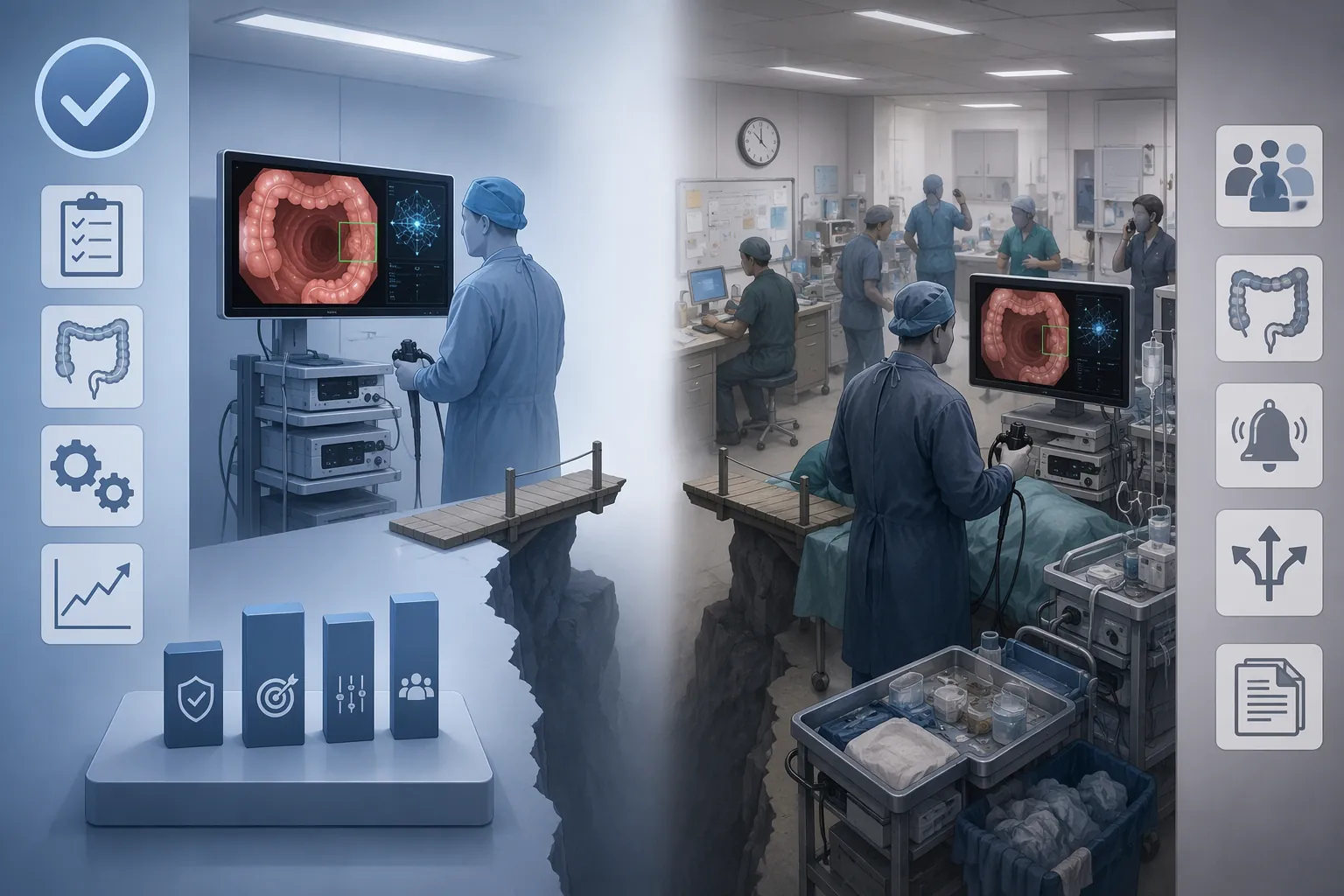 Controlled RCT setting contrasted with a busy real-world endoscopy suite