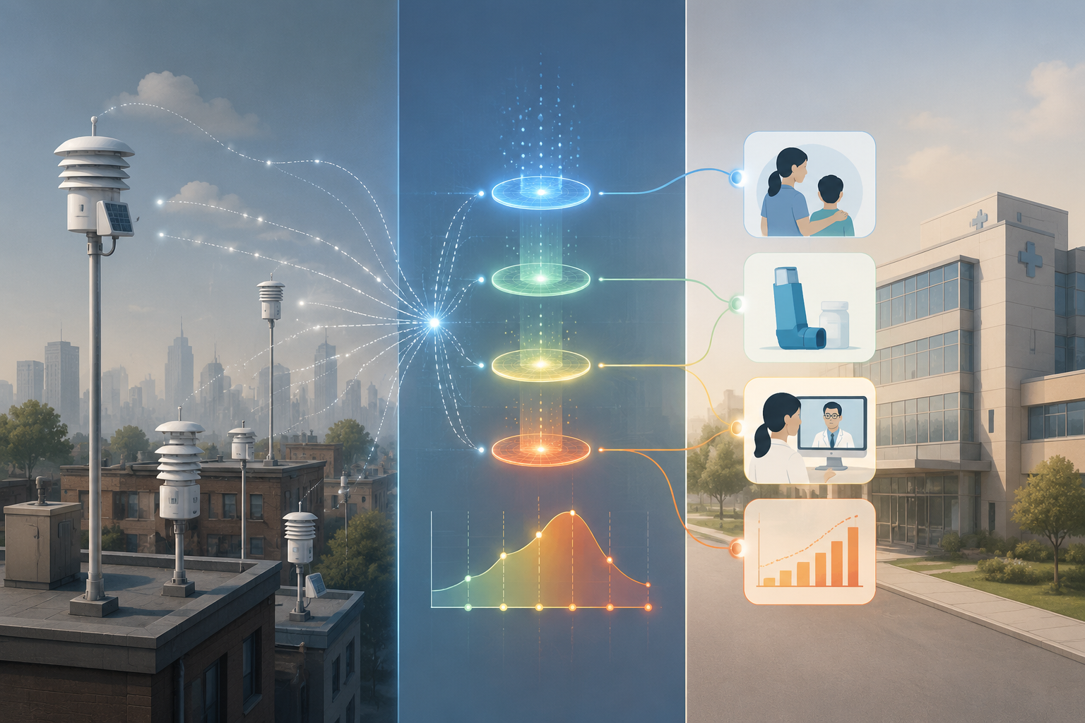 Workflow from outdoor air quality sensors through calibration thresholds to hospital outreach, prescriptions, telemedicine, and surge planning