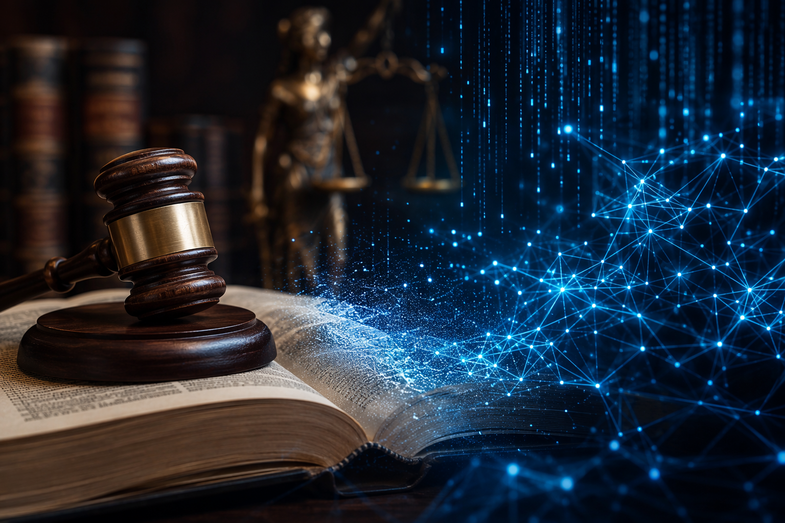 A judge's gavel resting on open law books beside glowing blue code and neural network nodes.