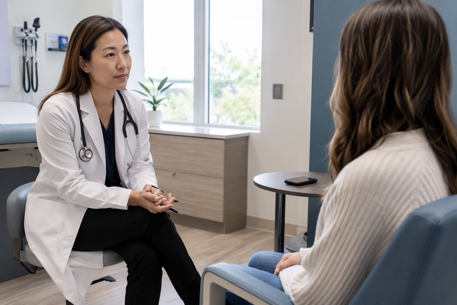 Hospital exam room with physician, patient, and a discreet recording device