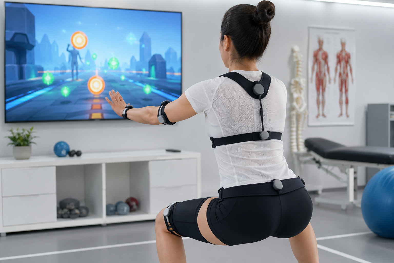 Patient wearing motion-tracking sensors while completing a gamified rehabilitation exercise in a clinic