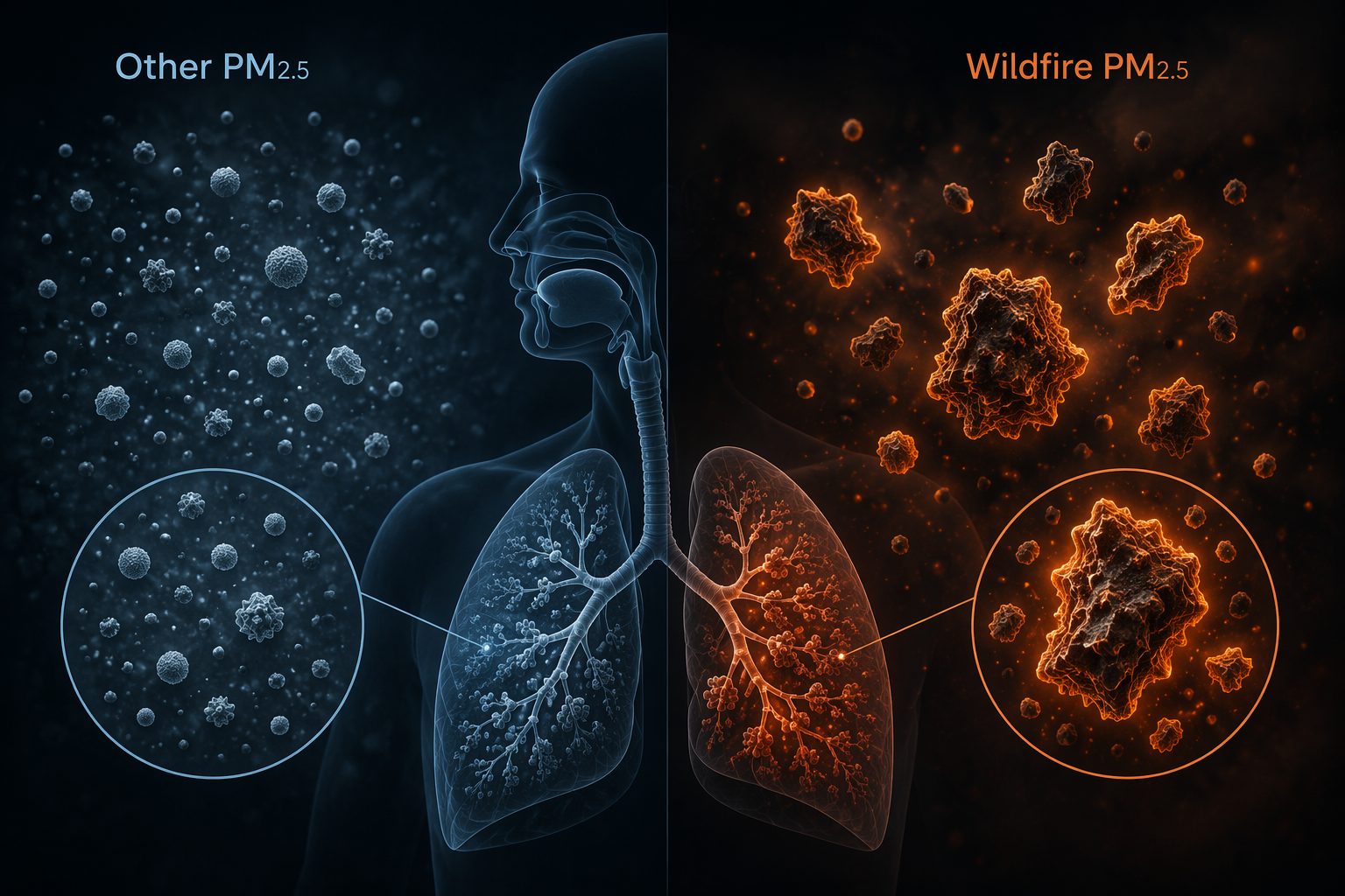 Comparison of diffuse blue-gray PM2.5 particles and denser amber wildfire-related particles