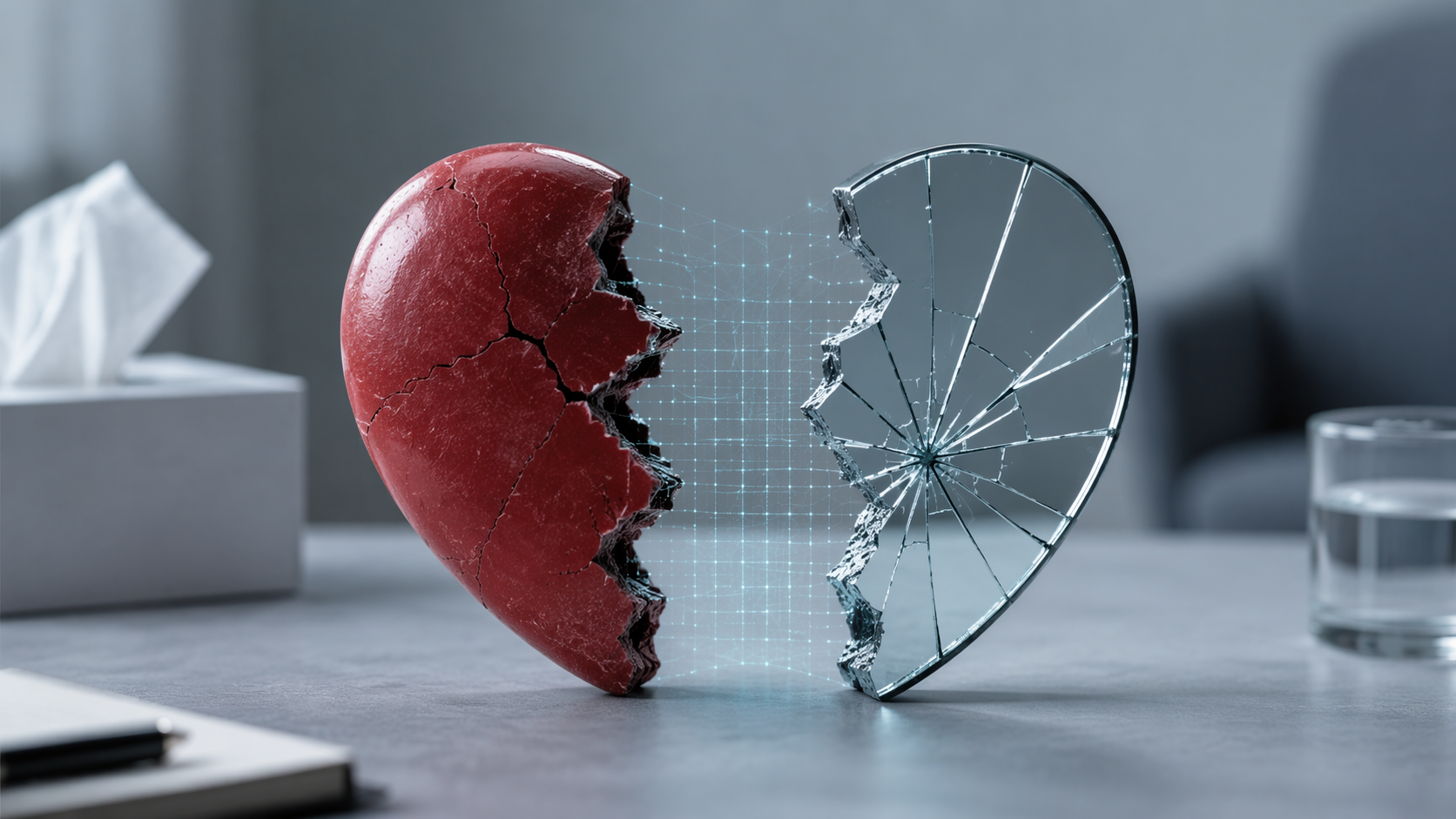 Two broken halves on a clinical surface, one shaped like a shattered heart and the other like a cracked mirror, with a faint digital grid across the separation.
