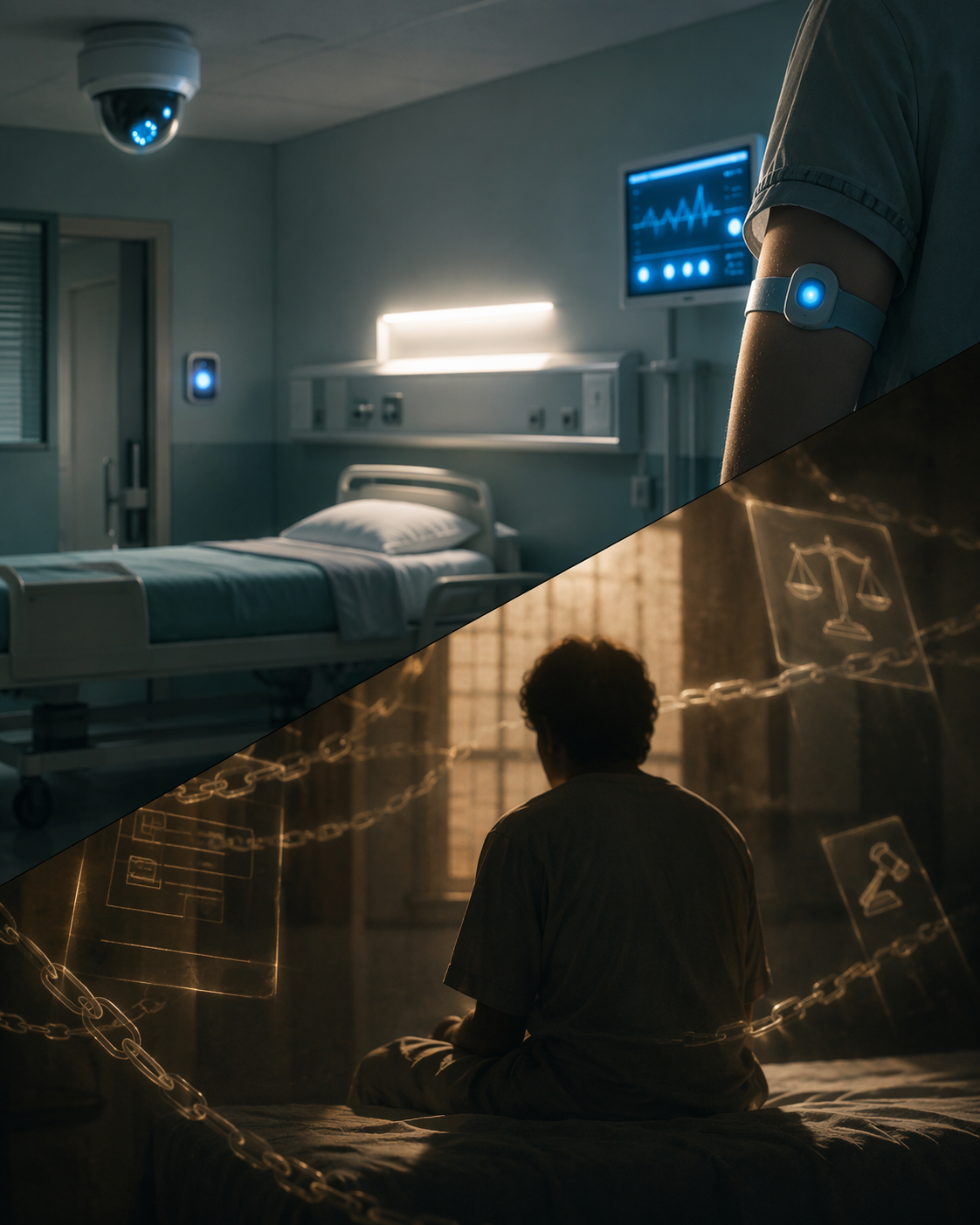 Hospital room monitored by cameras and wearable sensors with legal symbols surrounding a seated patient