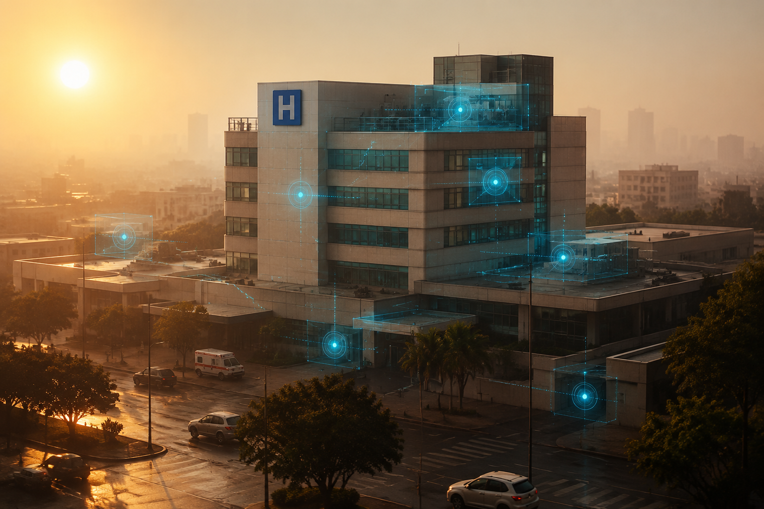 Hospital under an amber extreme-heat sky with AI threshold overlays around operational systems