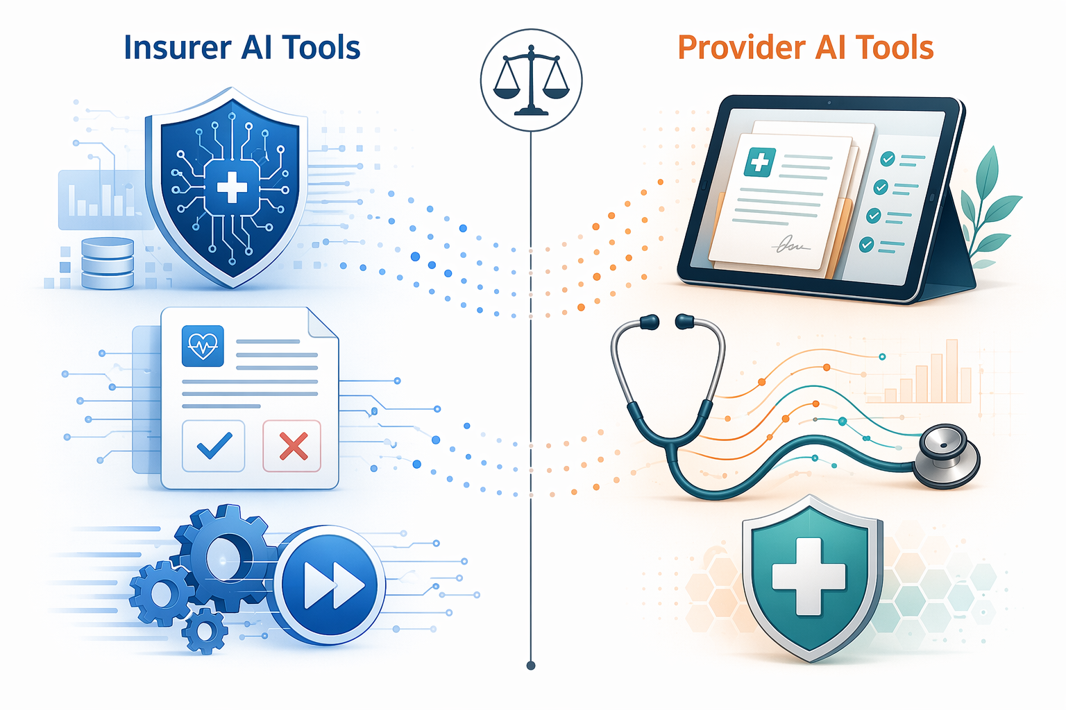 Two-sided vendor landscape editorial illustration showing Insurer AI Tools on the left with shield and circuit motifs and claims document icons, and Provider AI Tools on the right with physician tablet, stethoscope intertwined with data lines, and shield icons, divided by a vertical line with a small scale at top and subtle connecting dots between the two sides