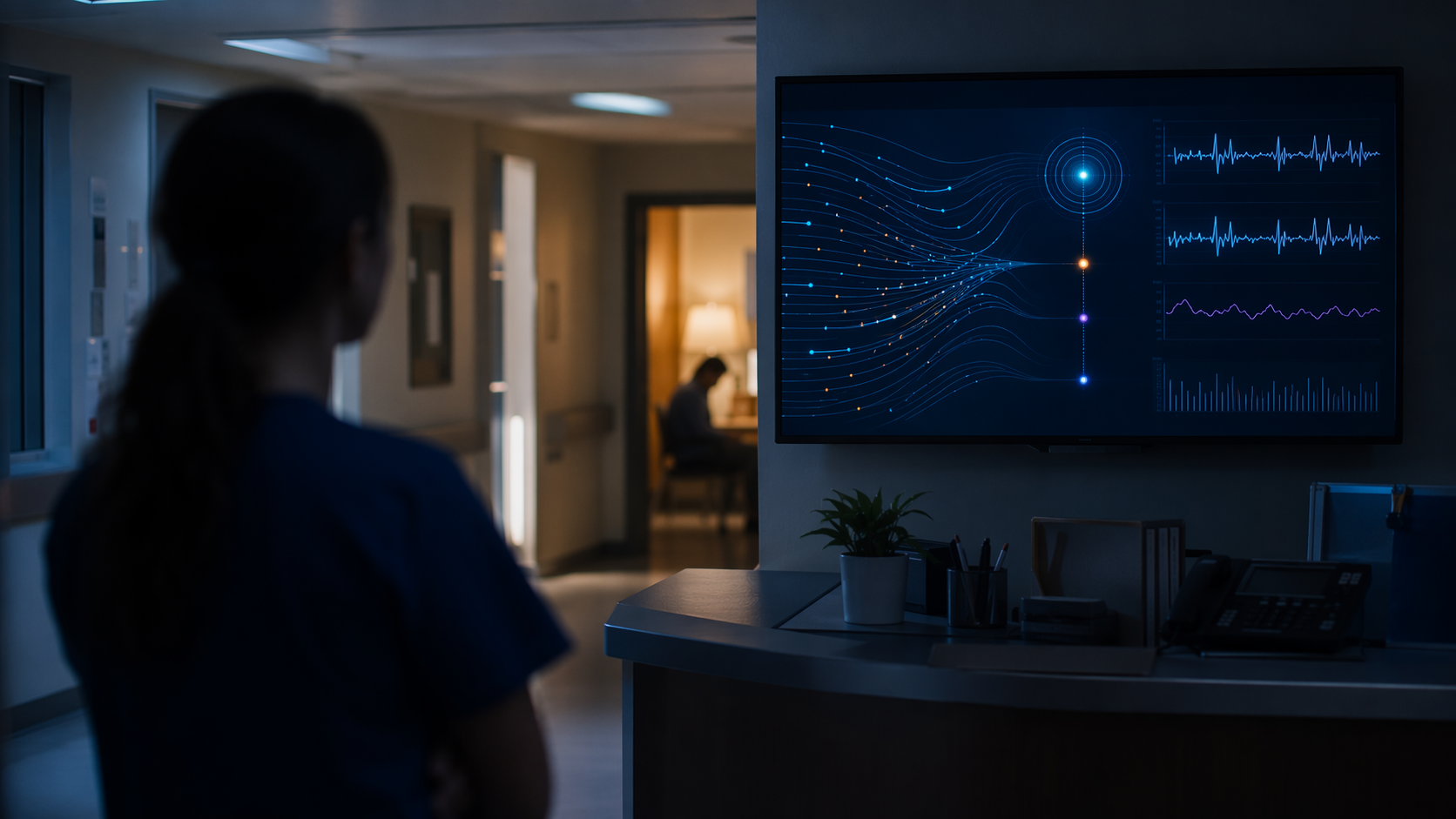 Psychiatric inpatient ward nursing station at night with a monitor showing abstract early warning data