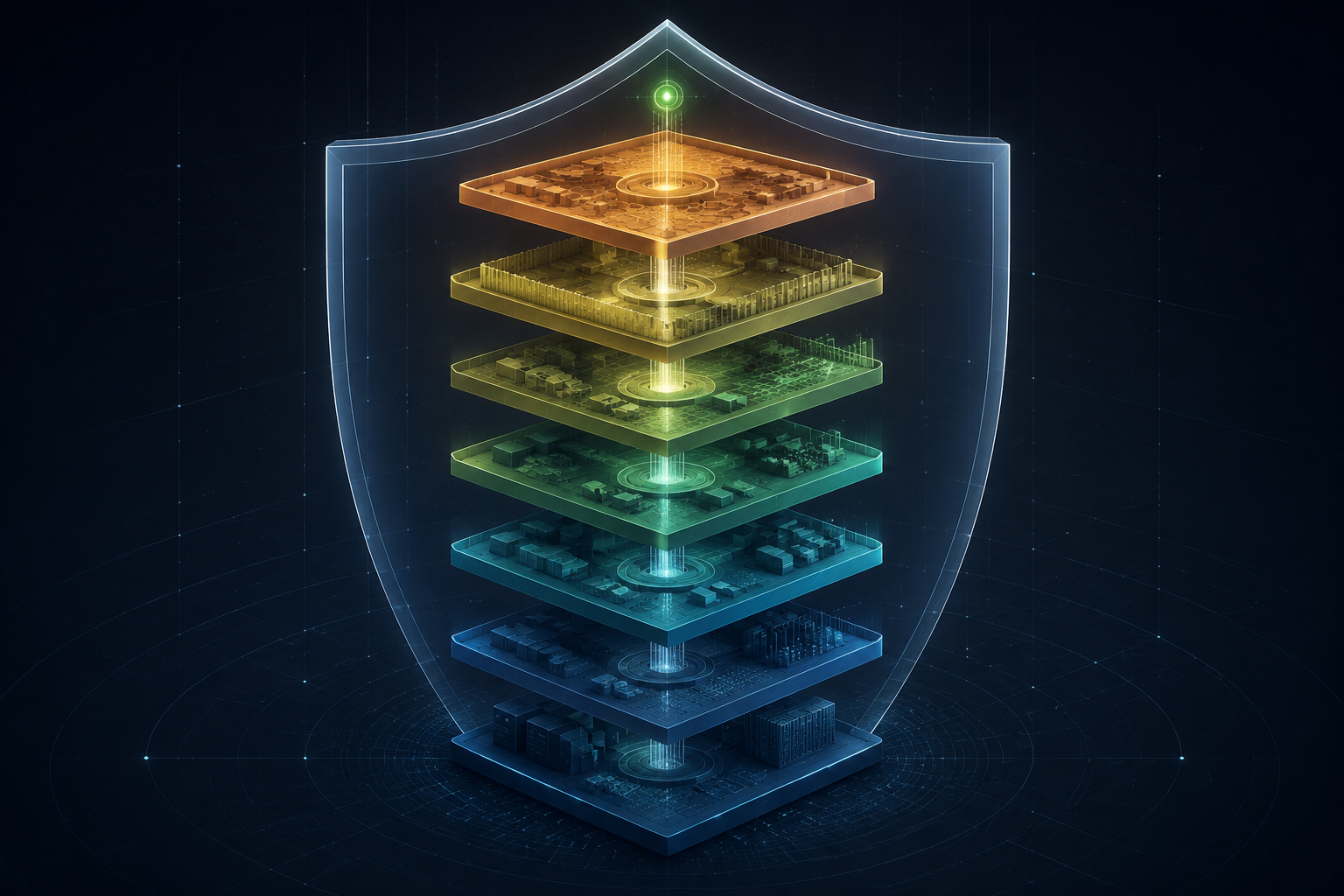 Seven stacked security layers inside a translucent shield