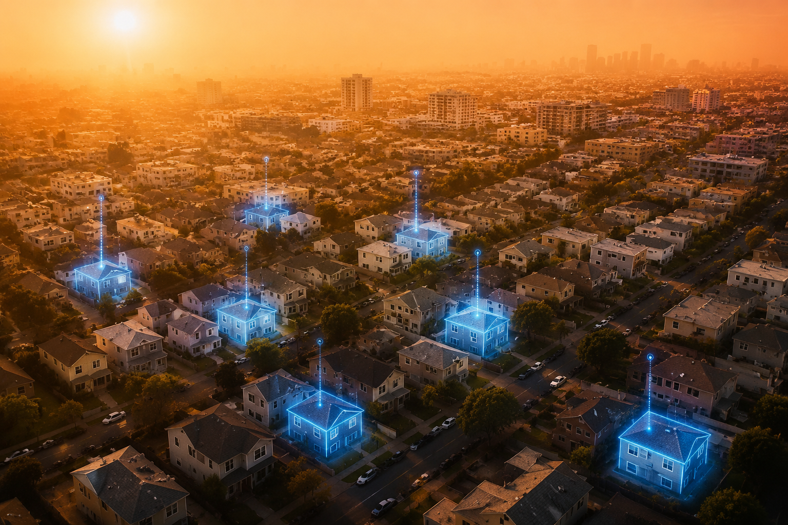 Dense city neighborhood during a heat wave with selected homes highlighted as vulnerable by AI-driven data points