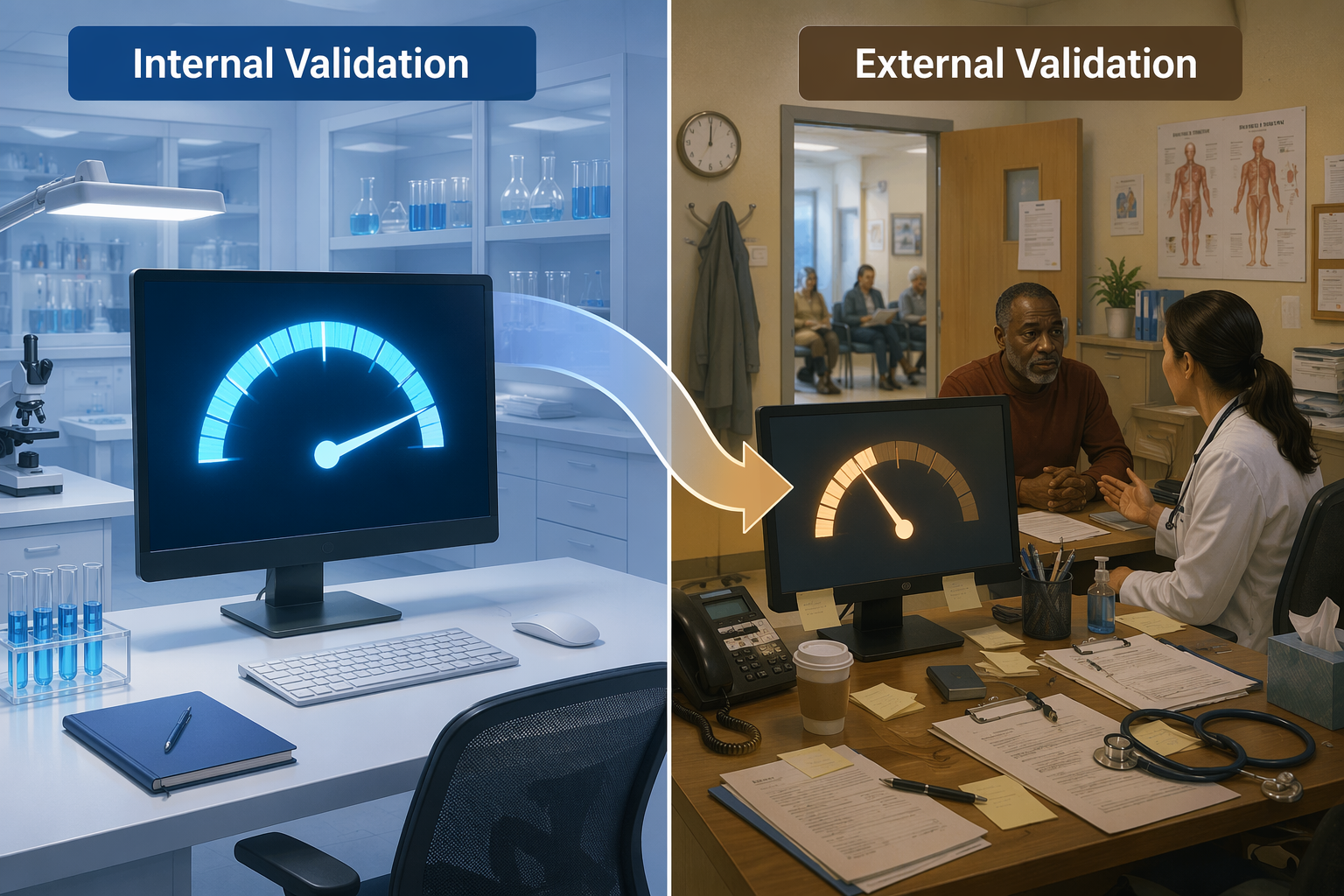 Split-screen illustration comparing high internal validation performance in a lab with lower external validation performance in a real clinical office