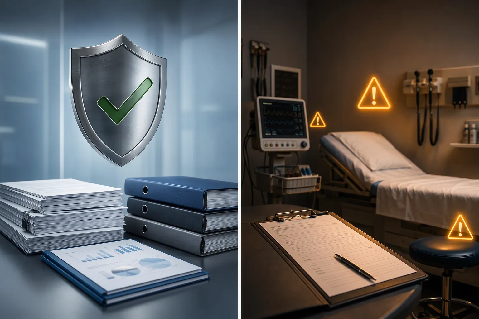 Comparison of formal AI test documentation with a hospital examination room where clinical risk remains