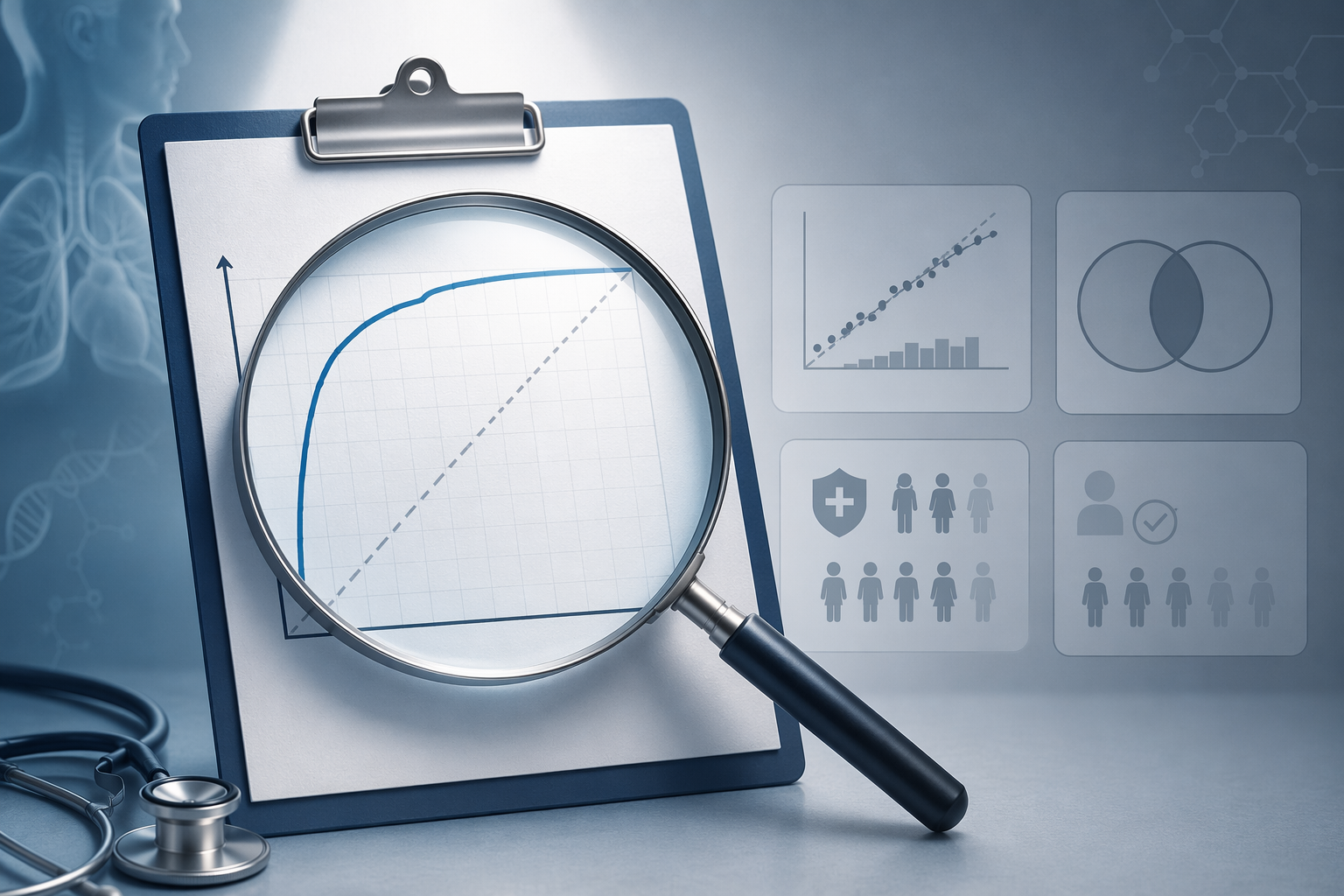 A magnifying glass over an AUROC curve while calibration, F1 score, sensitivity, and positive predictive value sit in the background