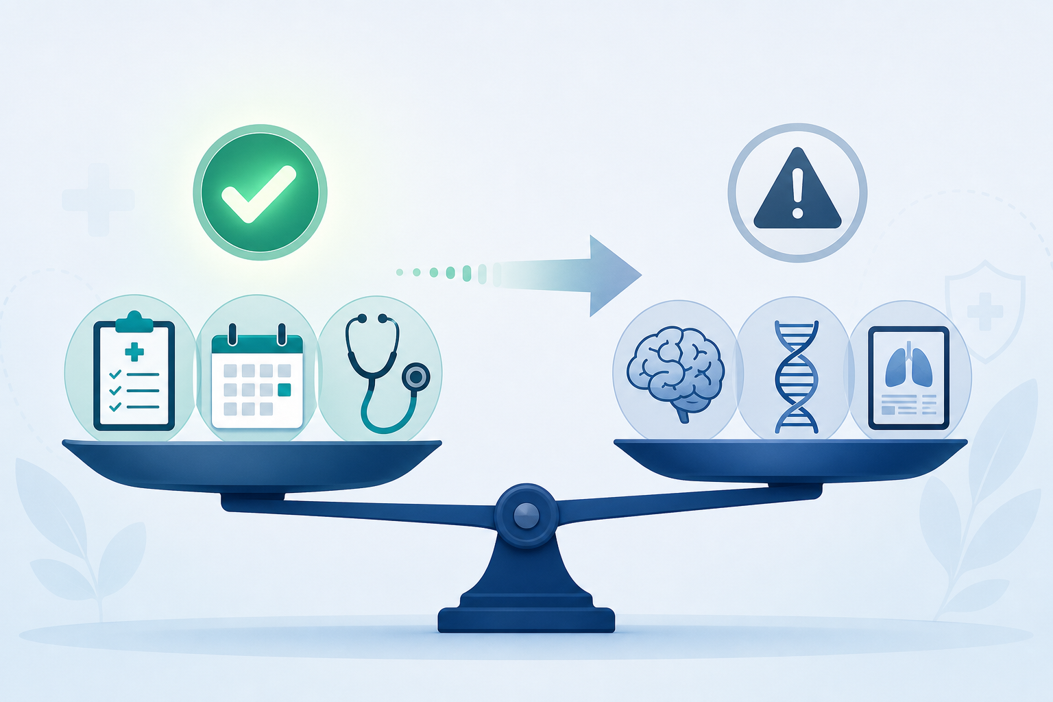 An editorial comparison illustration showing two sides. On the left, a green checkmark above workflow automation icons (clipboard, calendar, stethoscope) representing proven ROI in documentation and triage. On the right, a caution symbol above diagnostic icons (brain, DNA helix, diagnostic chart) representing under-20% adoption in autonomous clinical diagnosis.