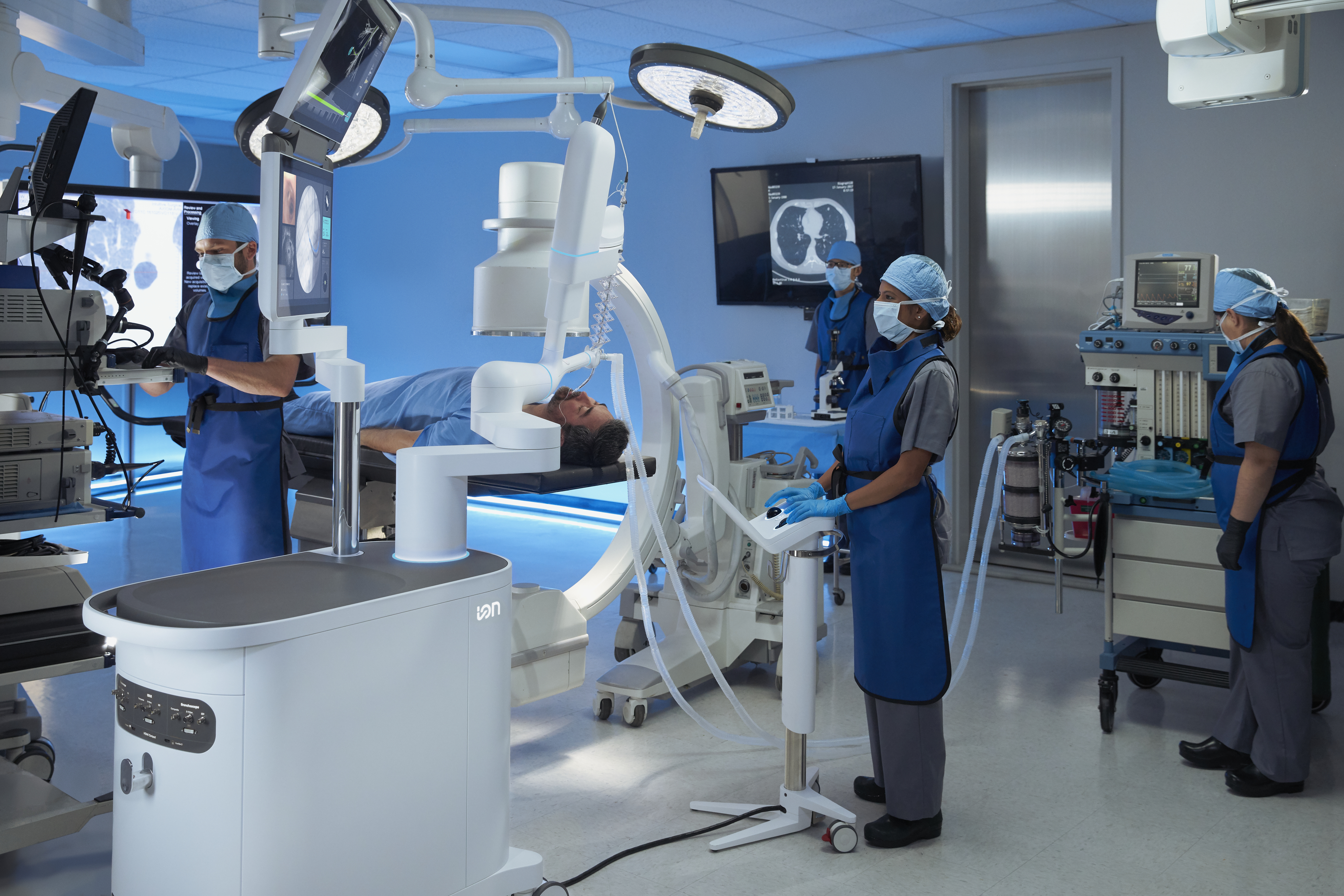 Clinical team using the Intuitive Ion robotic bronchoscopy system during a lung biopsy