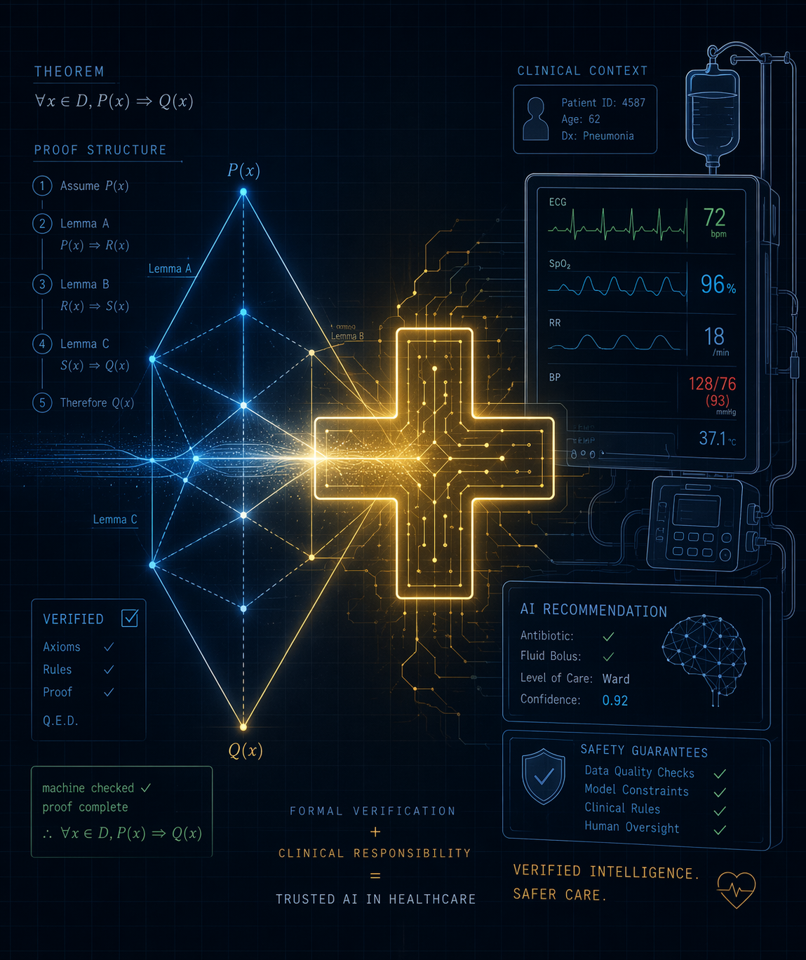Glowing geometric proof structure transitioning into a medical cross and hospital monitoring equipment