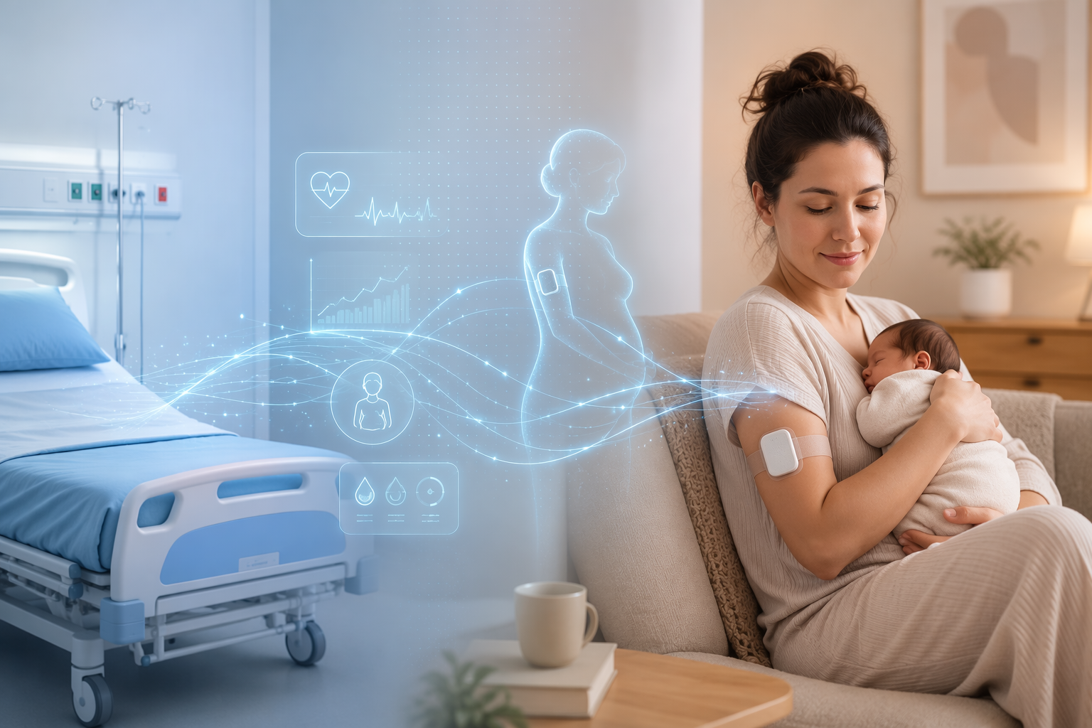 Hospital bed transitioning into a home living room with a postpartum patient wearing a sensor and digital monitoring lines connecting both settings