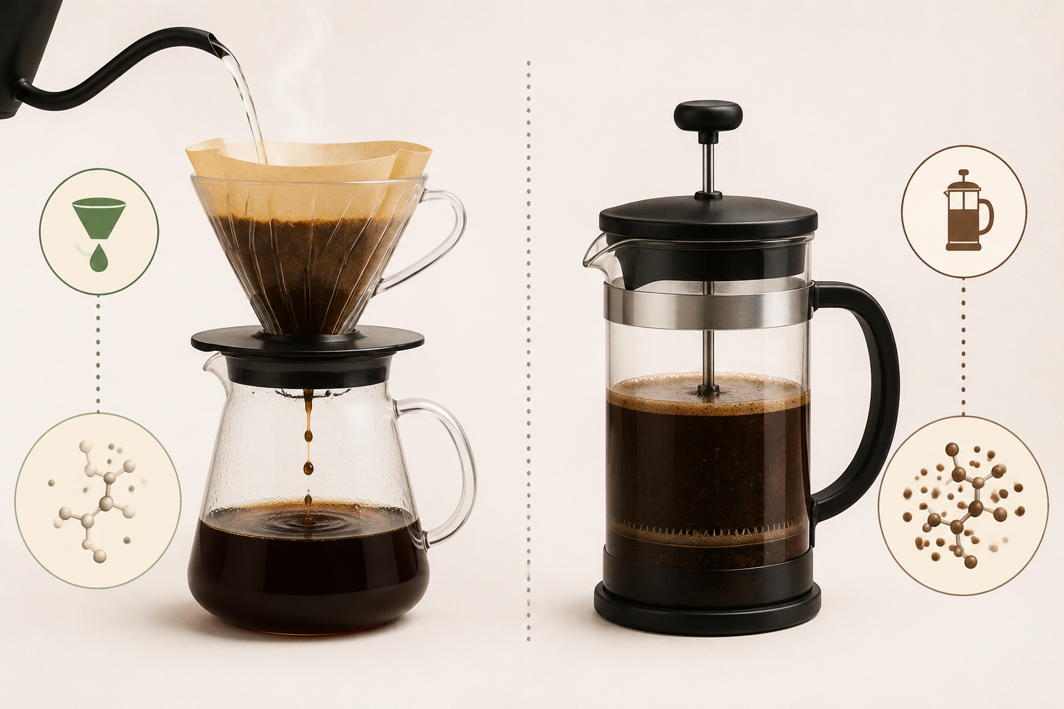 Side-by-side paper-filtered and unfiltered coffee comparison with cafestol icons.