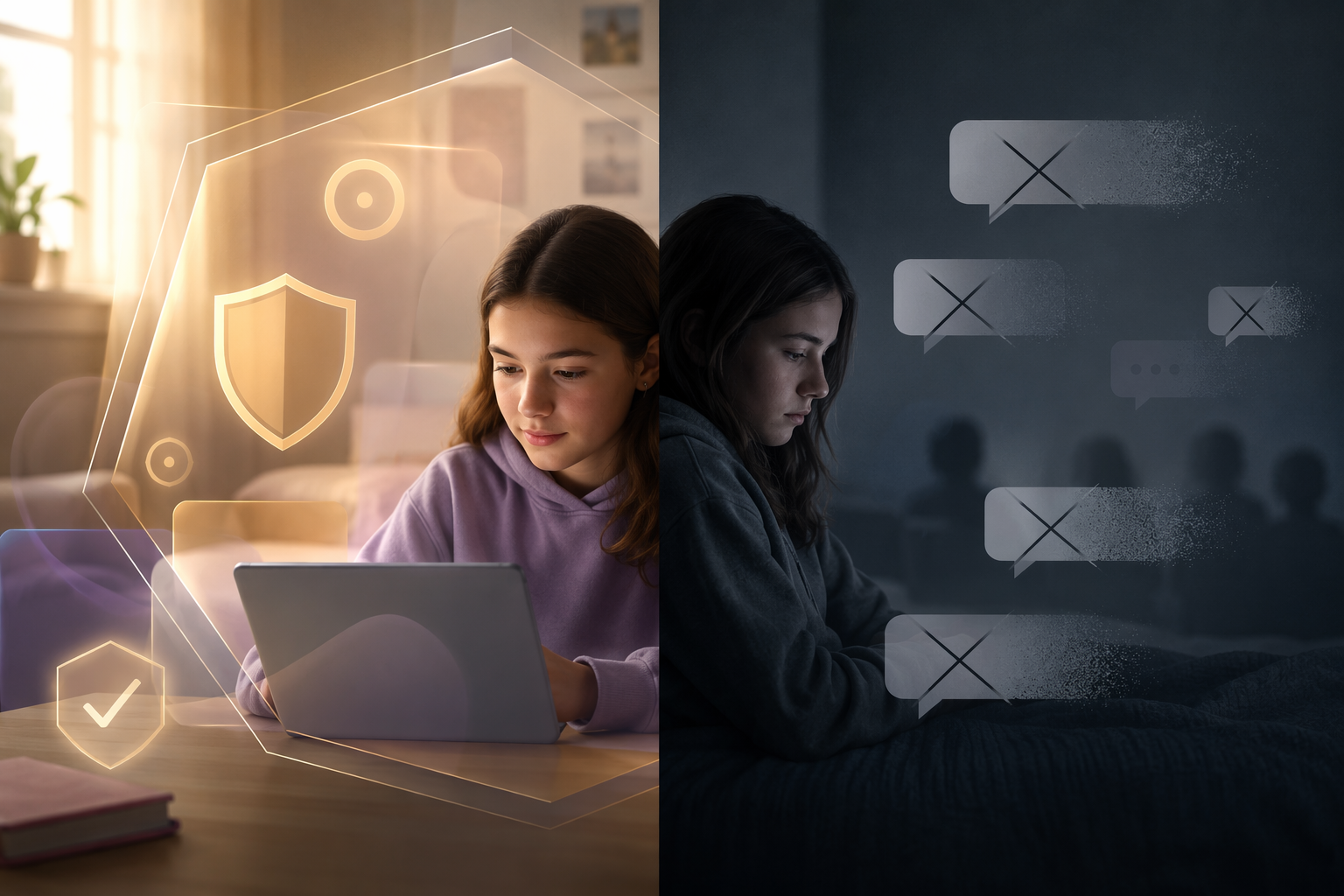 Split editorial image of a teenager between protective AI moderation shields and darker blocked speech bubbles