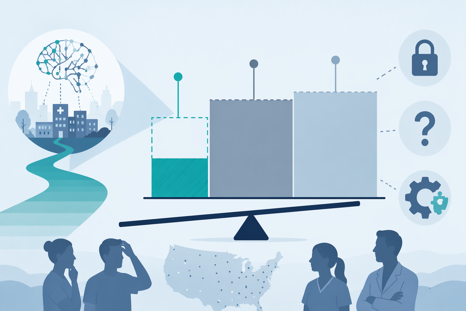 Abstract visualization of uneven AI adoption and implementation barriers in public health agencies