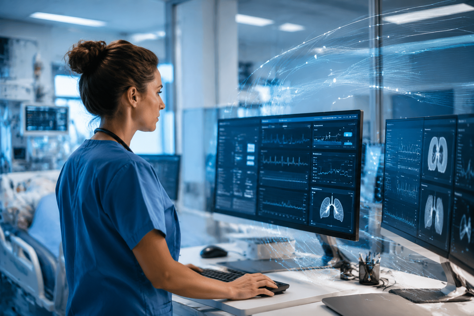 Clinician reviewing patient data and AI alert indicators at a hospital workstation