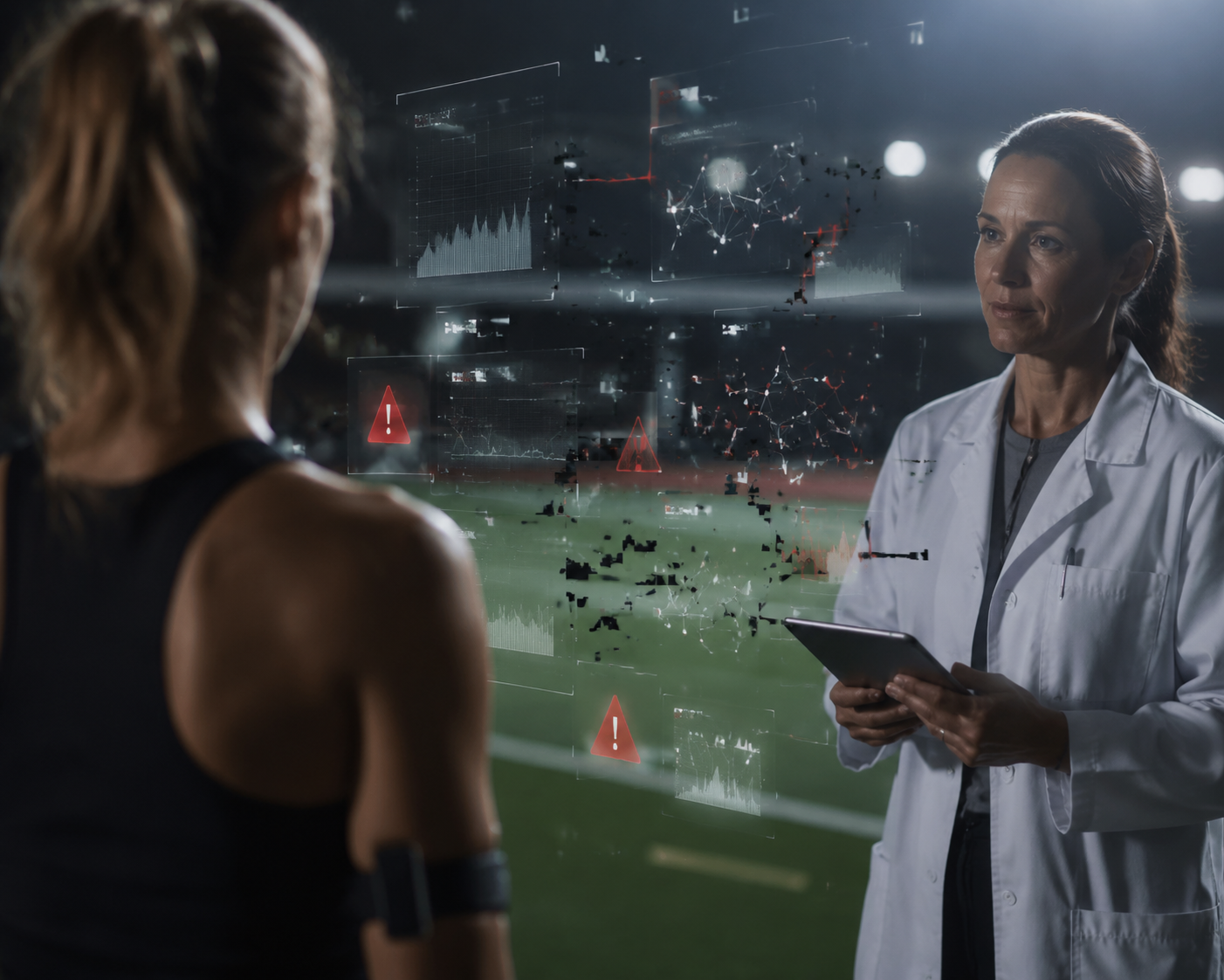Athlete on a field viewed through AI dashboards and warning-like data panels with a blurred medical professional in the background
