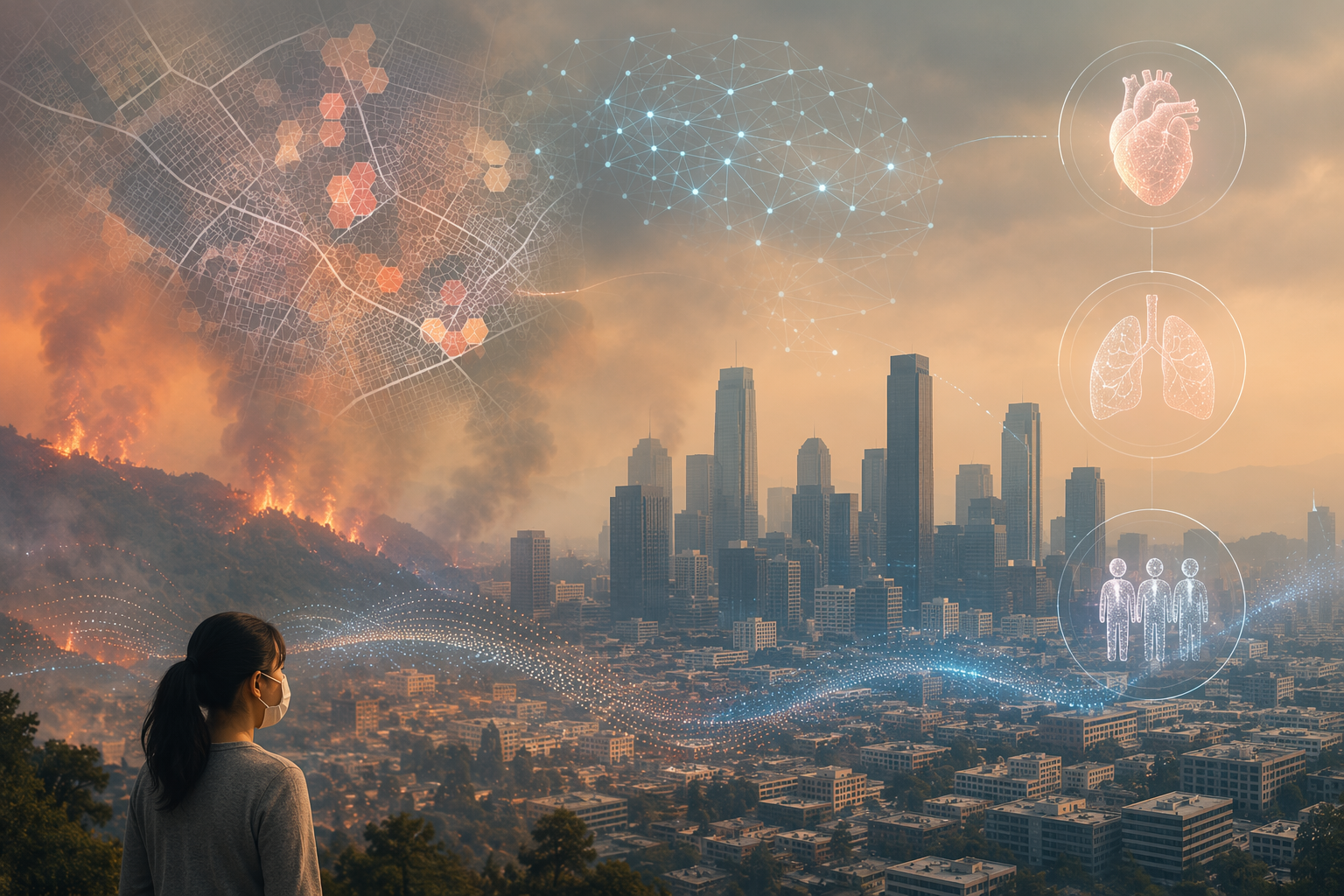 City skyline obscured by wildfire smoke with digital geospatial and health risk overlays