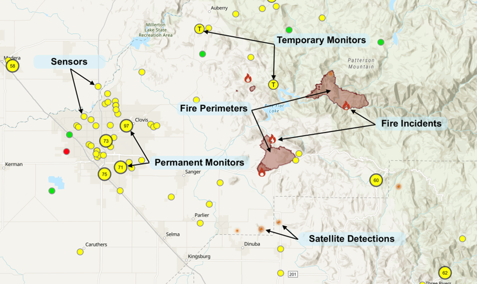 EPA AirNow Fire and Smoke Map showing PM2.5 readings, sensors, and active wildfire locations across the United States