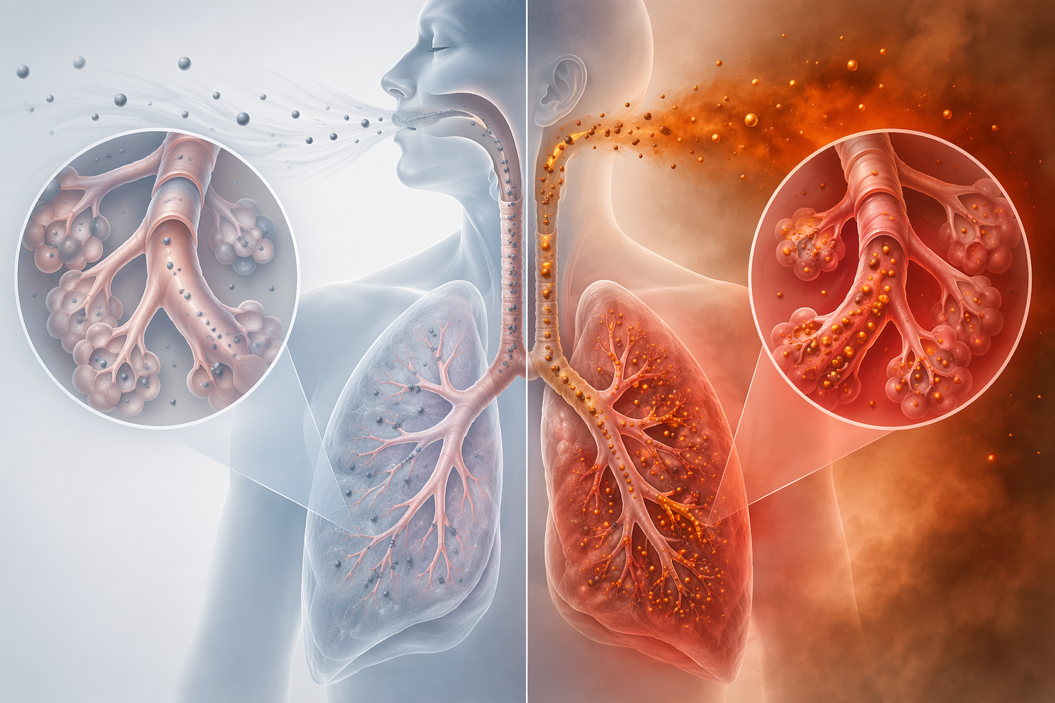 Side-by-side comparison of non-wildfire PM2.5 particles and wildfire-specific PM2.5 particles affecting lung bronchioles