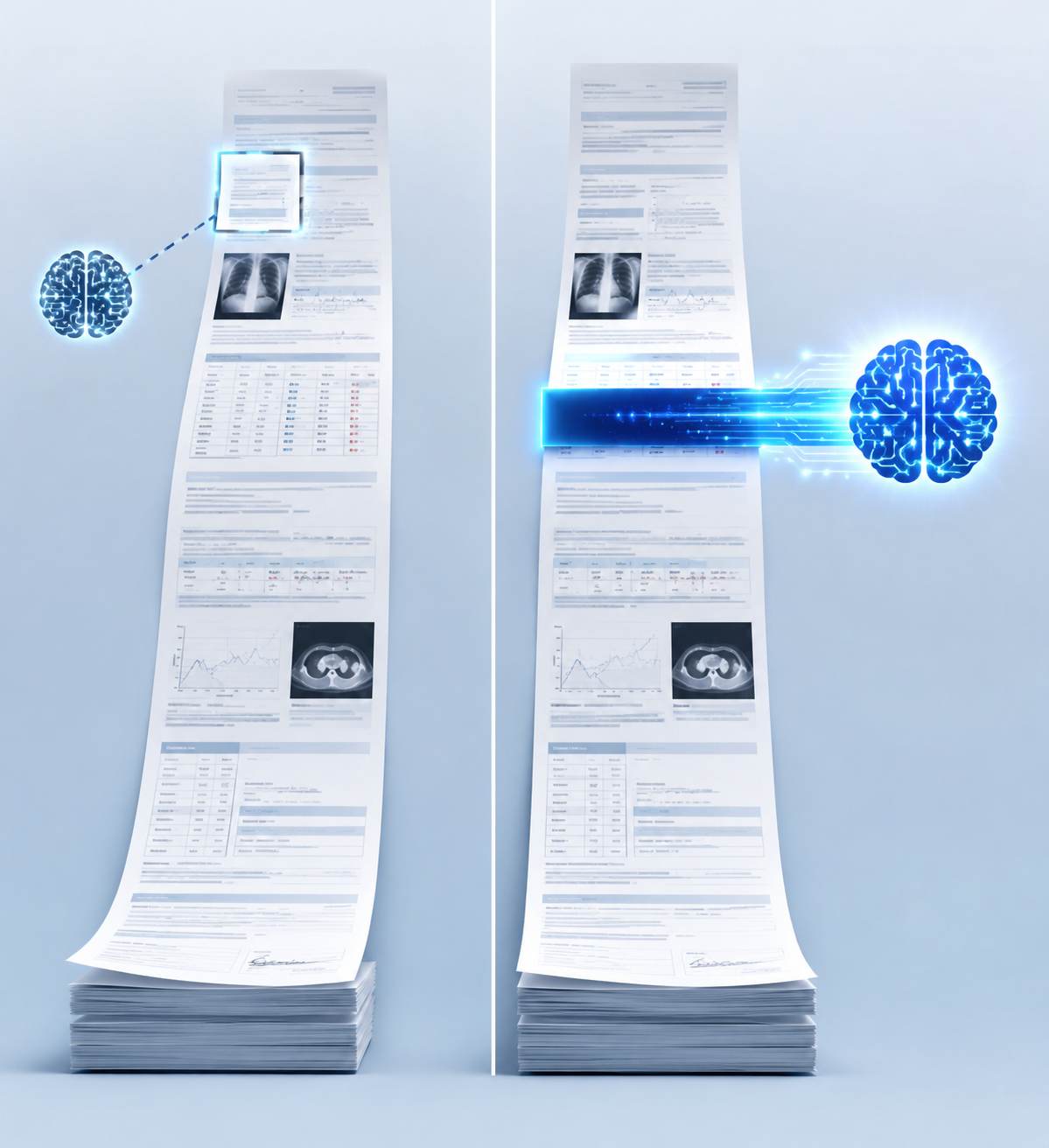 Conceptual illustration of a long-context AI model processing an entire longitudinal patient health record