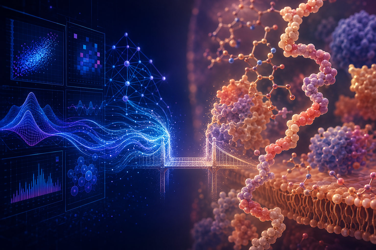 AI computational prediction connected to molecular structures and peptide chains across a visual translation gap