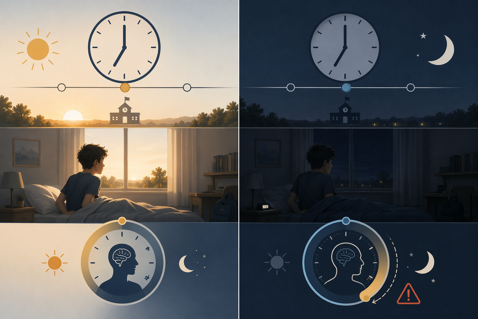 Illustration comparing a student waking with morning daylight under standard time and waking in darkness under permanent daylight saving time