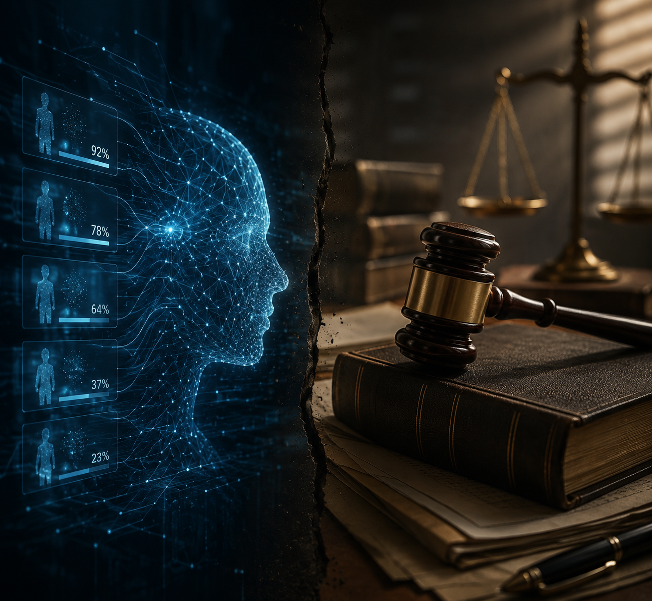 AI probability scores separated from a courtroom gavel and forensic psychiatry documents