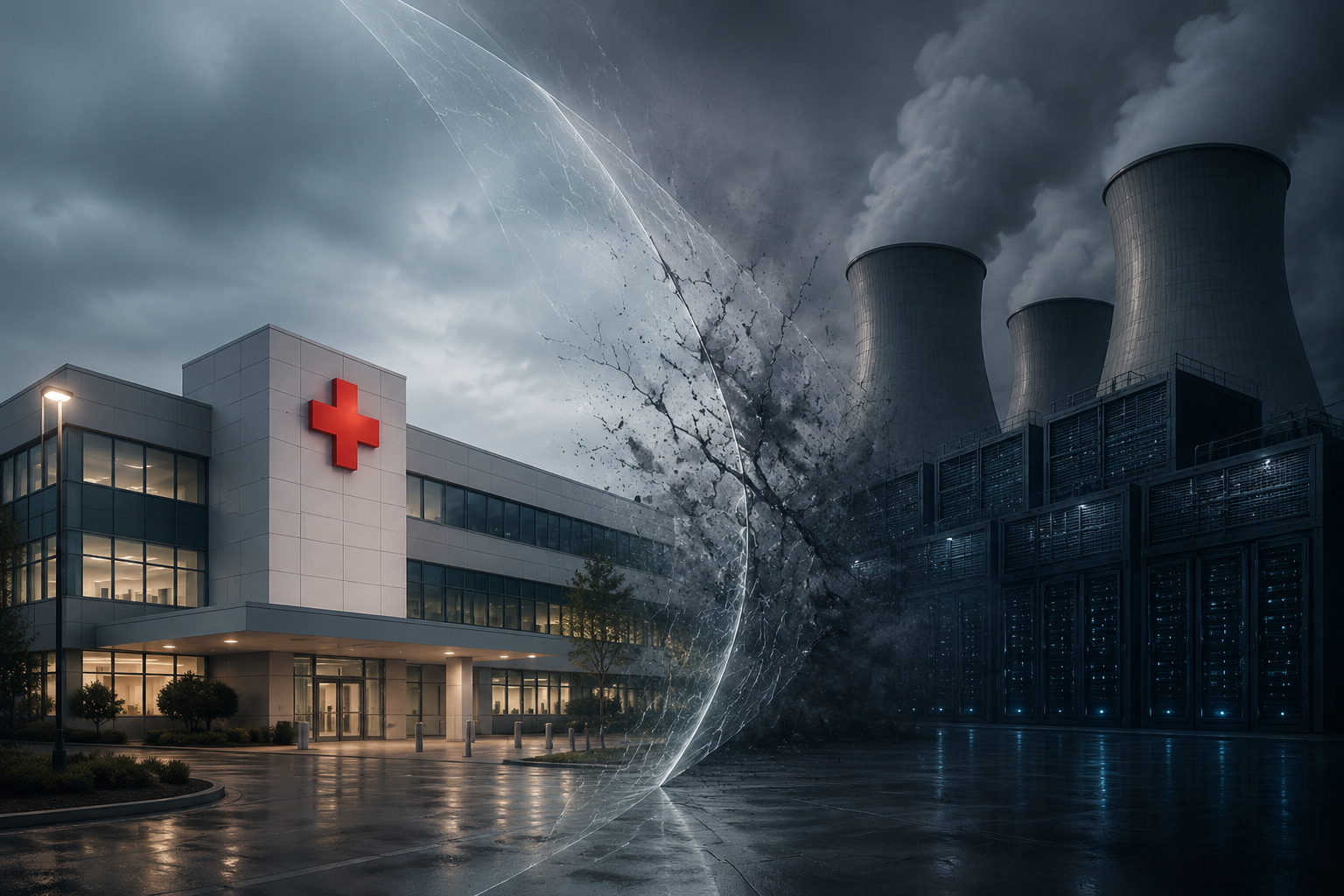 A hospital beside large data center infrastructure, separated by a strained translucent barrier