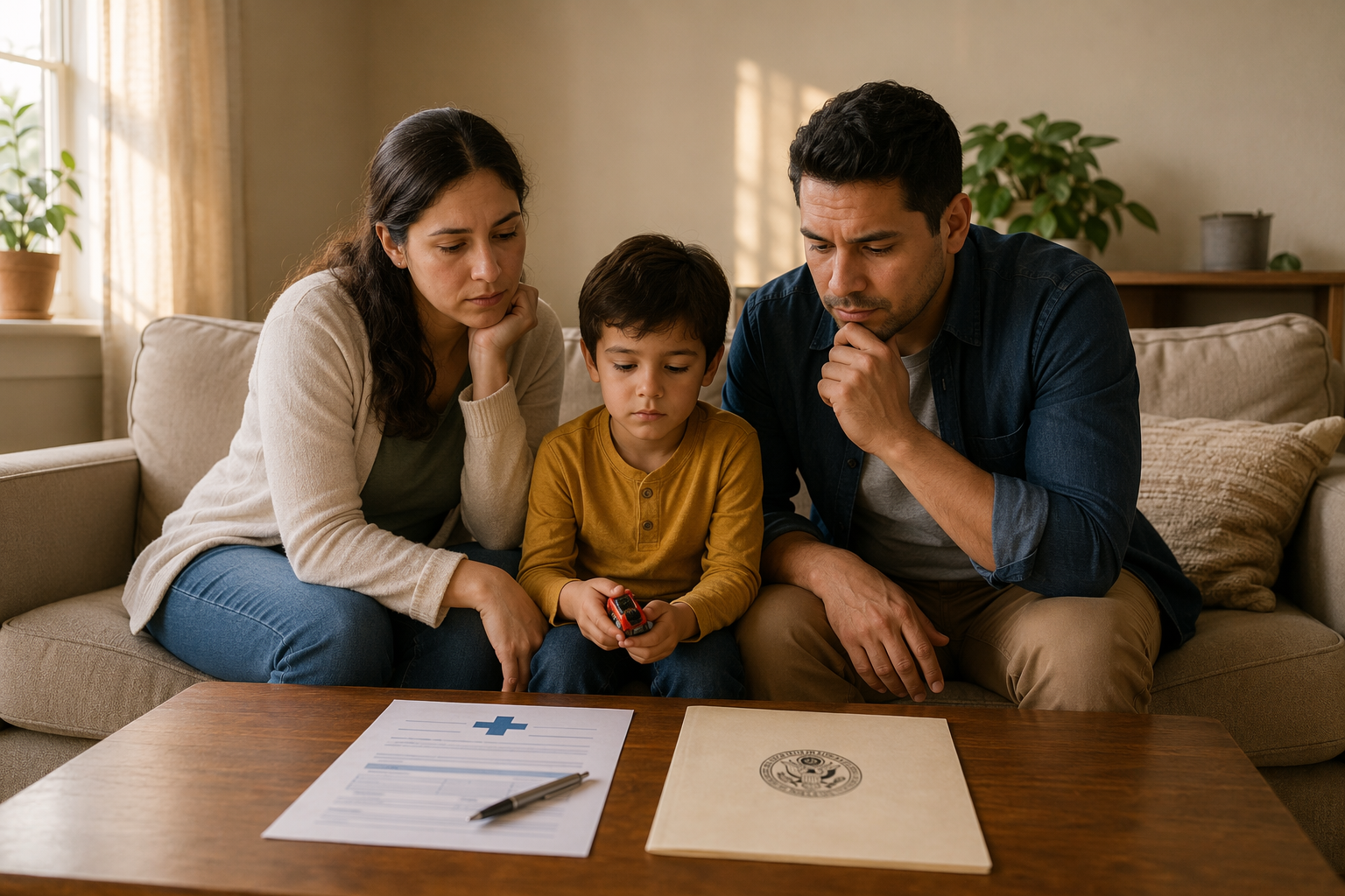 A family sits on a couch beside healthcare enrollment papers and an immigration document, suggesting tension between coverage and status