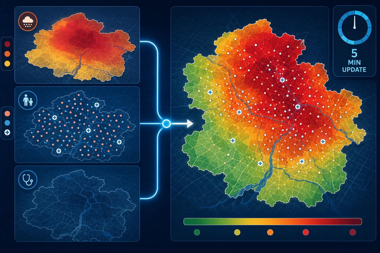 City map showing hazardous AQI zones combined with demographic vulnerability overlays into a Health Risk Index map