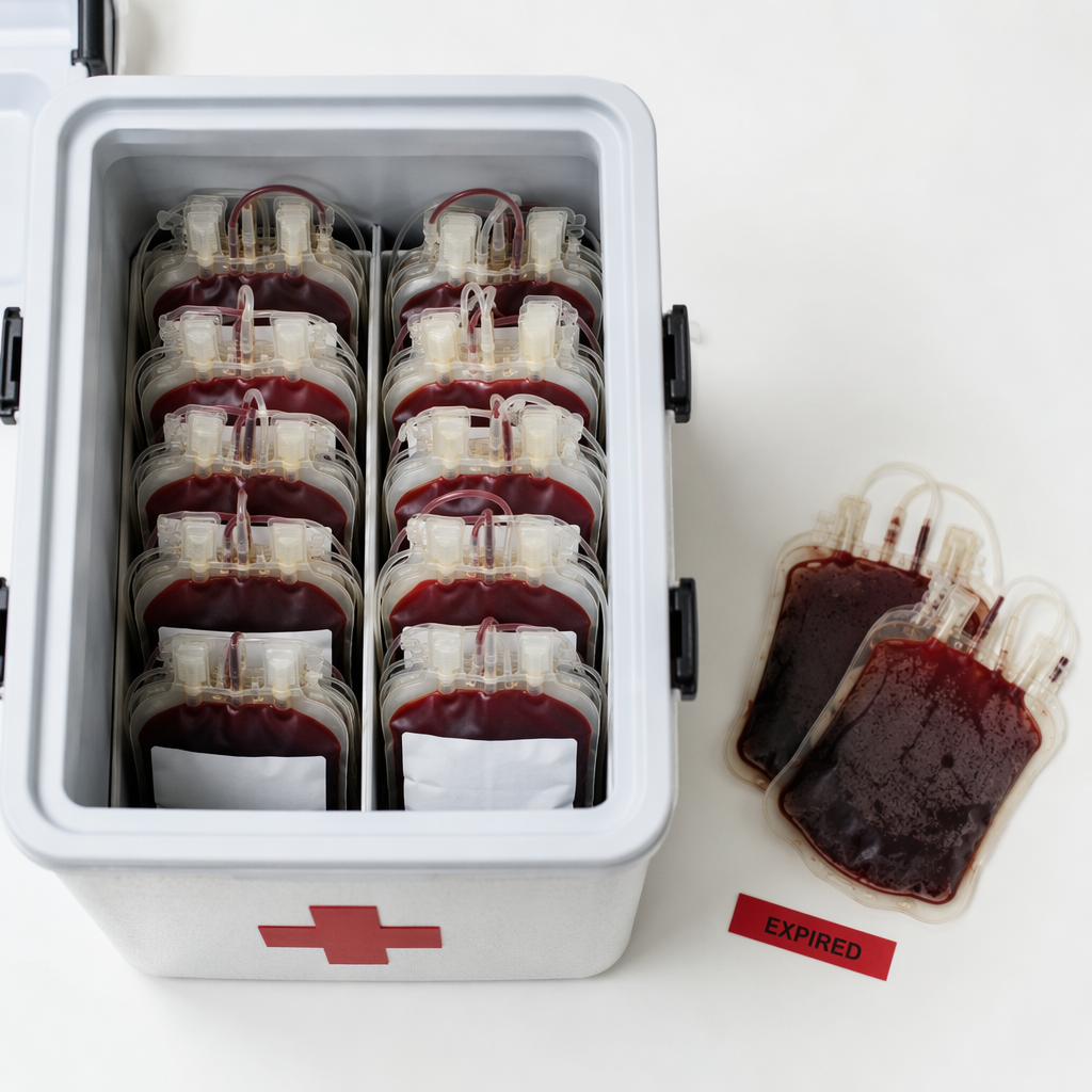Cold storage box showing usable blood units beside expired blood units set aside
