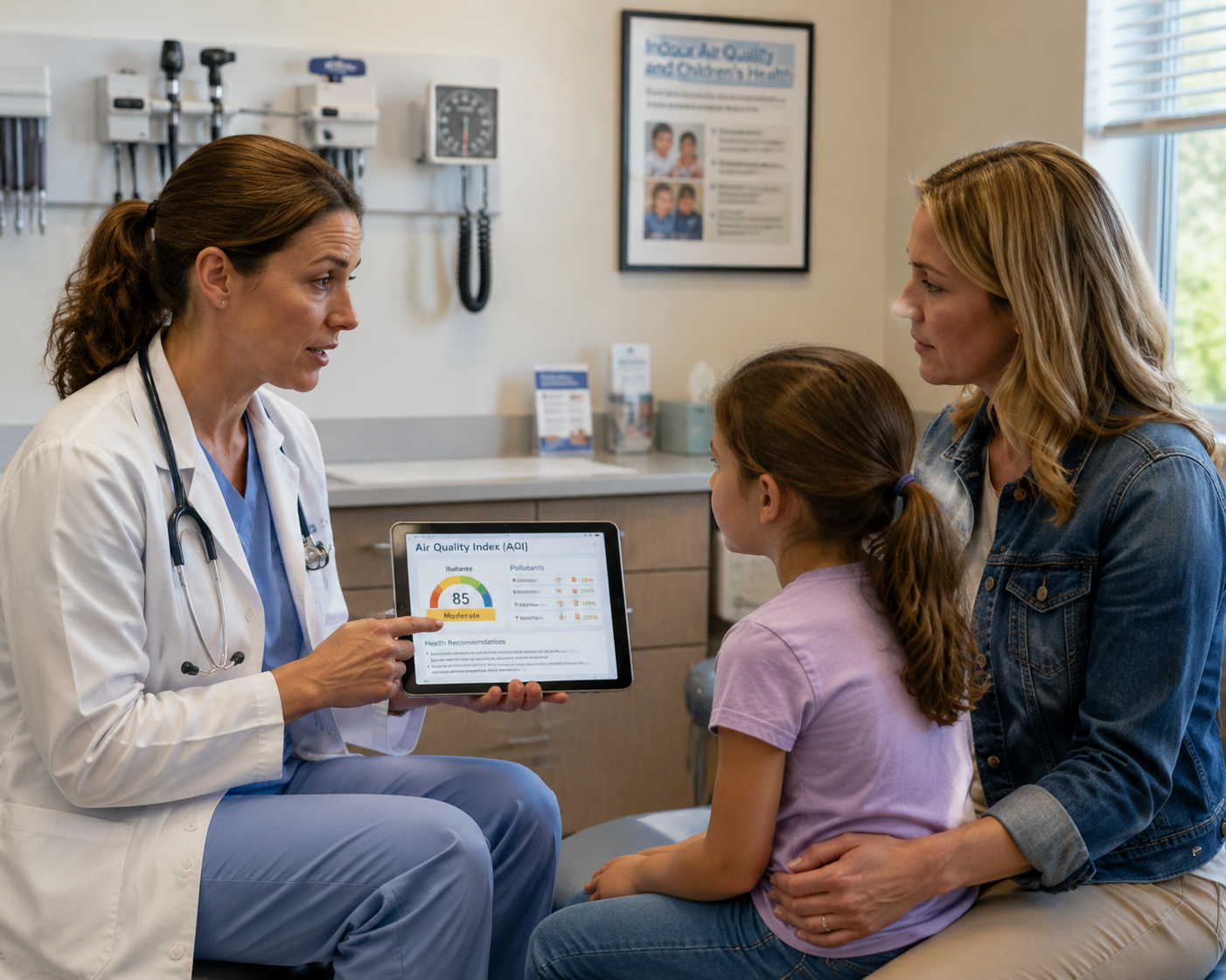 Healthcare provider discussing air quality data with a parent and child in an examination room