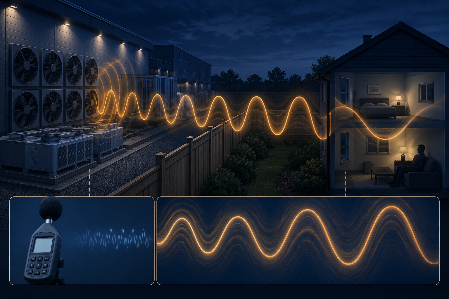 Diagram of data center cooling fans emitting low-frequency sound waves that pass through a fence into a nearby house while a sound meter shows a modest reading