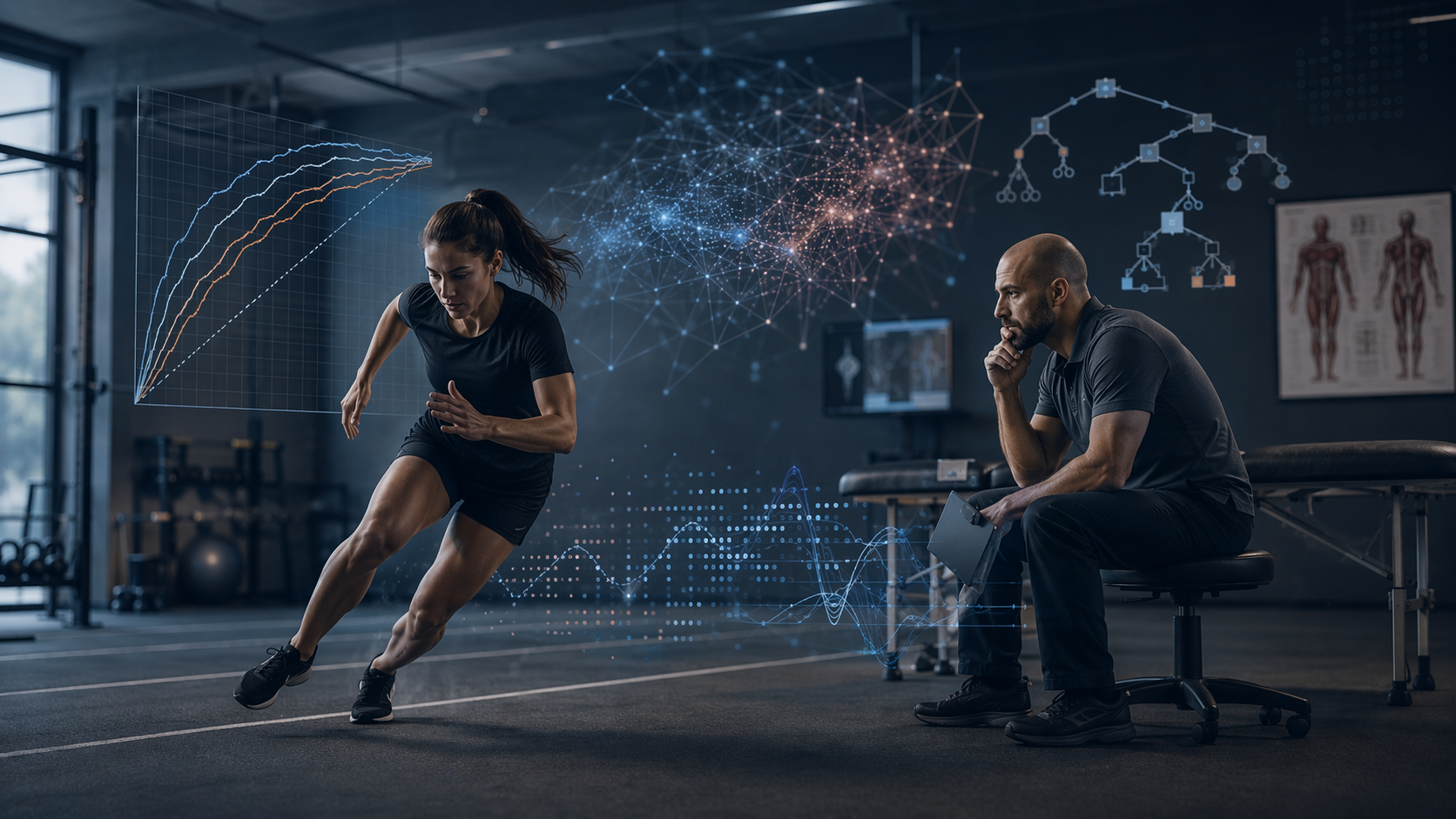 Sports medicine clinician observing an athlete with translucent AUC curves and decision tree diagrams overlaid